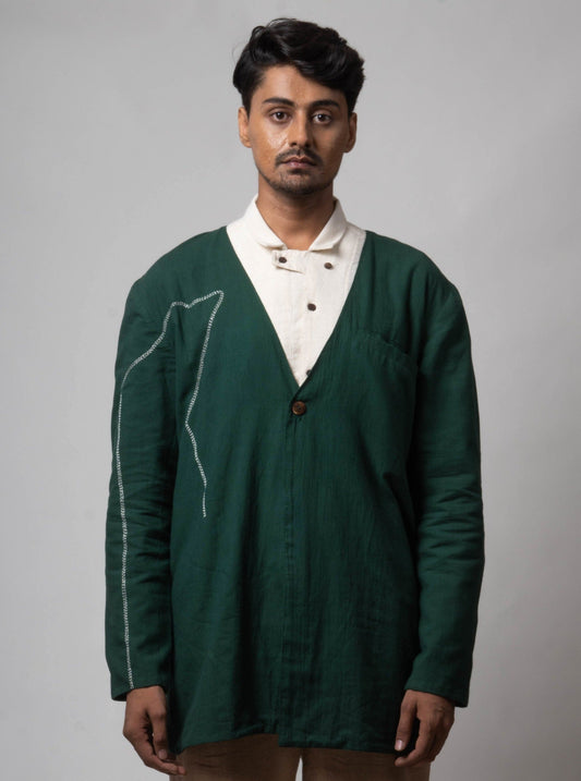 Green Embroidered Jacket at Kamakhyaa by Lafaani. This item is Casual Wear, Cotton, For Him, Green, Jackets, Mens Overlay, Menswear, Natural, Relaxed Fit, Solids