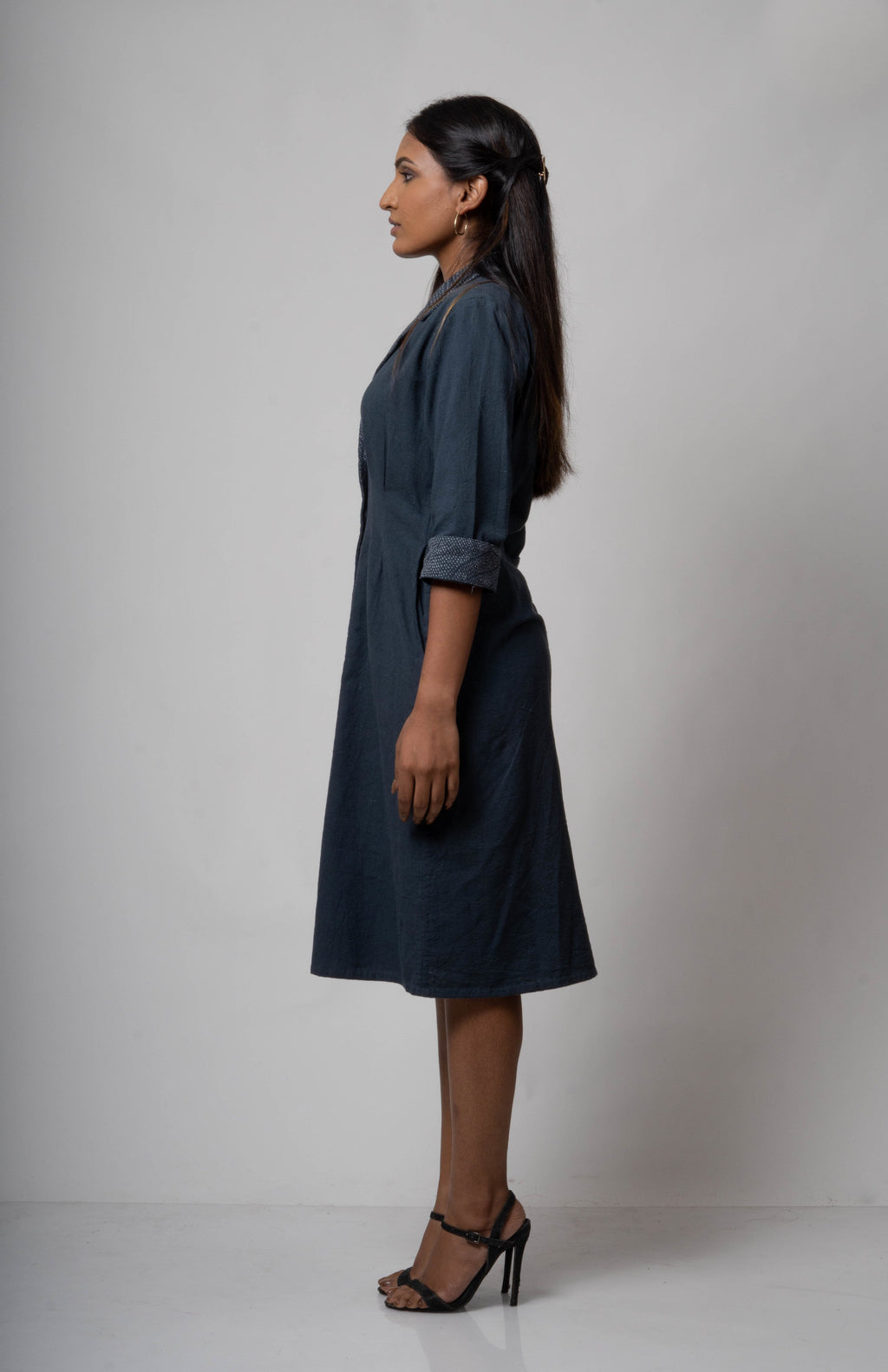 Inverted Charcoal Midi Dress by Lafaani with Black, Casual Wear, Cotton, Grey, Midi Dresses, Natural, Regular Fit, Shirt Dresses, Solids, The Way You Look by Lafaani, Womenswear at Kamakhyaa for sustainable fashion