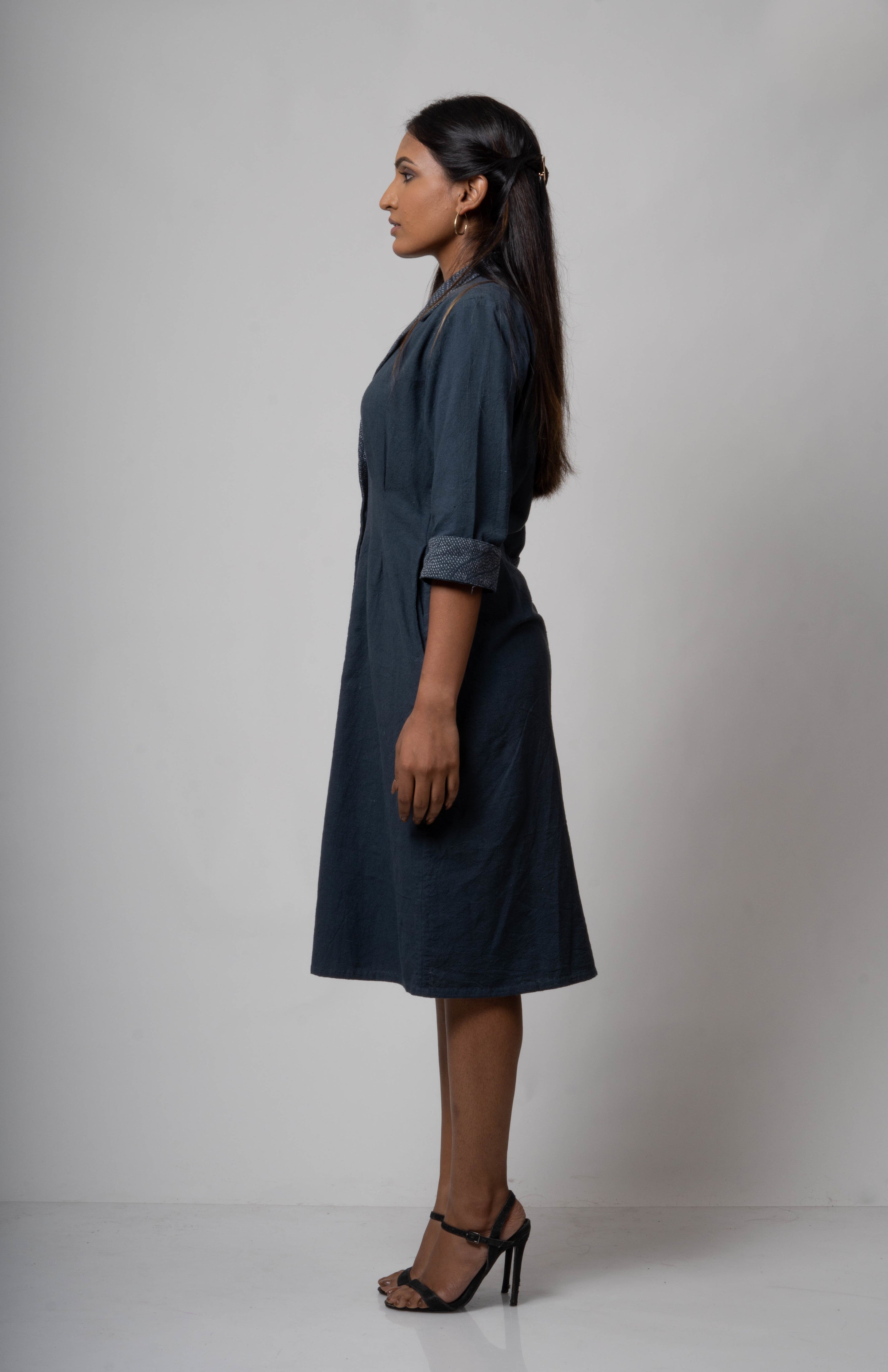 Inverted Charcoal Midi Dress by Lafaani with Black, Casual Wear, Cotton, Grey, Midi Dresses, Natural, Regular Fit, Shirt Dresses, Solids, The Way You Look by Lafaani, Womenswear at Kamakhyaa for sustainable fashion