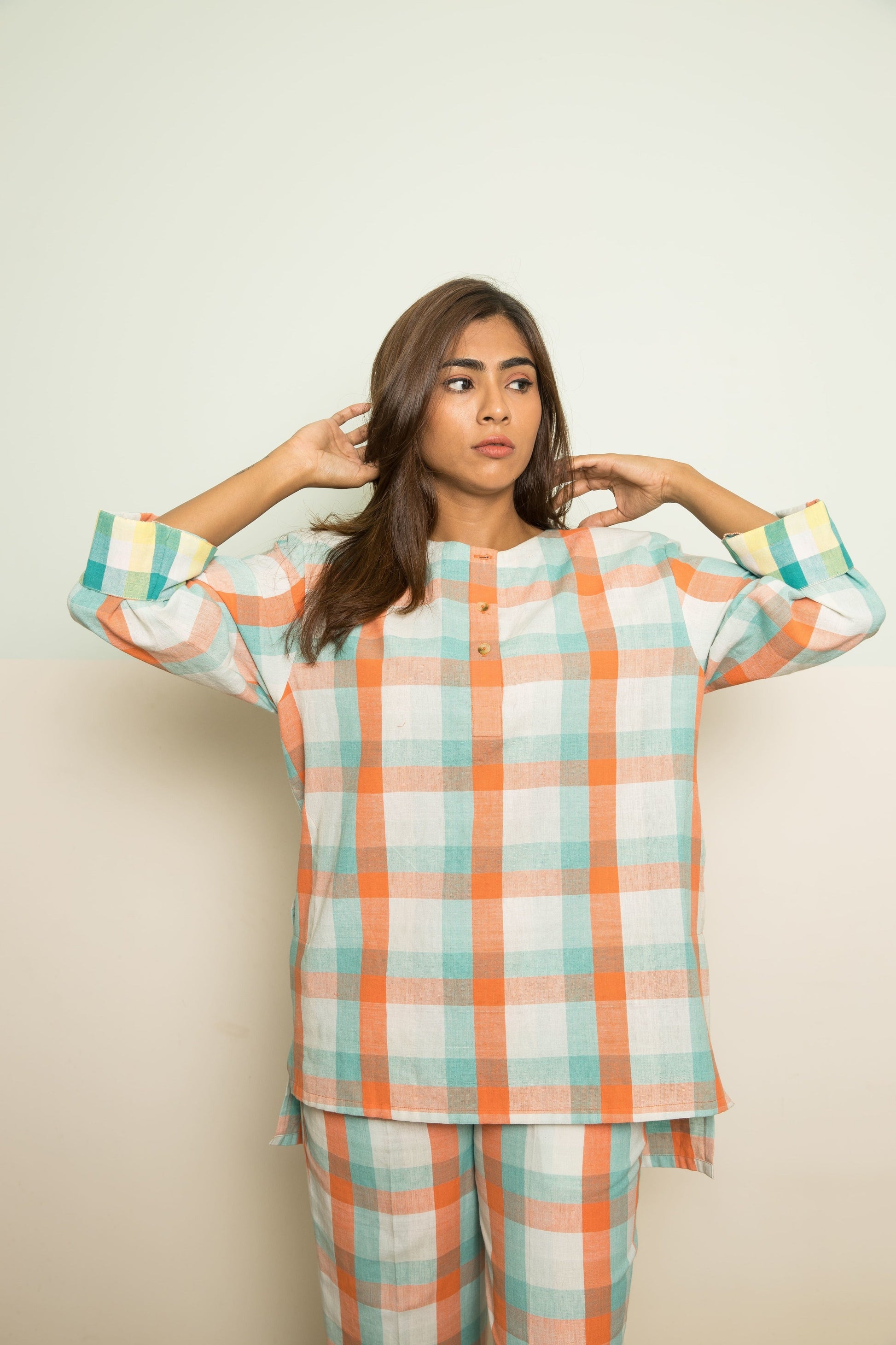 Orange Casual Co-ord by Anushé Pirani with 100% Cotton, Casual Wear, Checks, Handwoven, Handwoven Cotton, Lounge Wear Co-ords, Orange, Regular Fit, The Co-ord Edit, The Co-ord Edit by Anushe Pirani, Womenswear at Kamakhyaa for sustainable fashion
