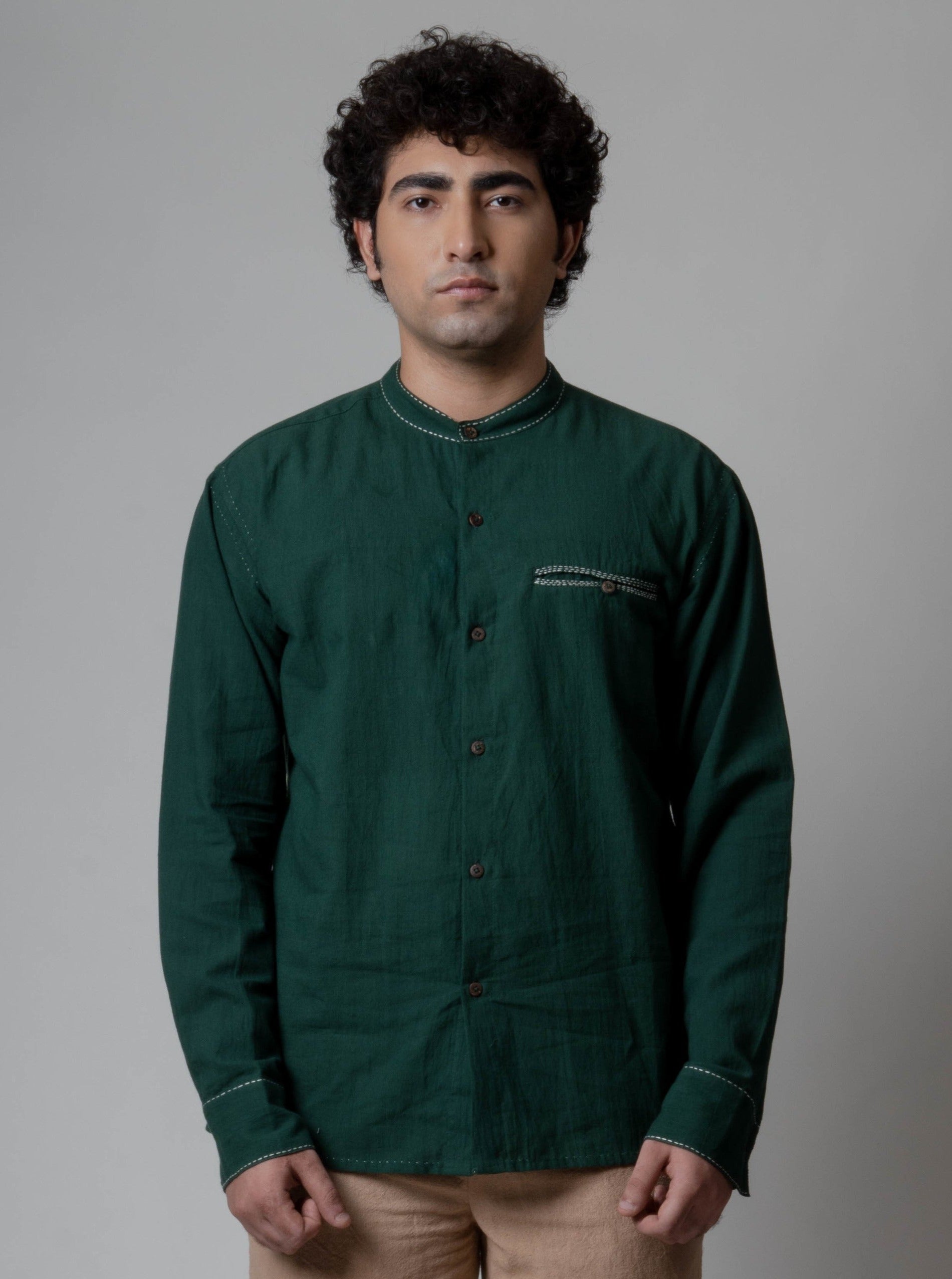 Green Cotton Shirt by Lafaani with Casual Wear, Cotton, For Him, Green, Menswear, Natural, Regular Fit, Shirts, Solids, The Way You Look by Lafaani, Tops at Kamakhyaa for sustainable fashion
