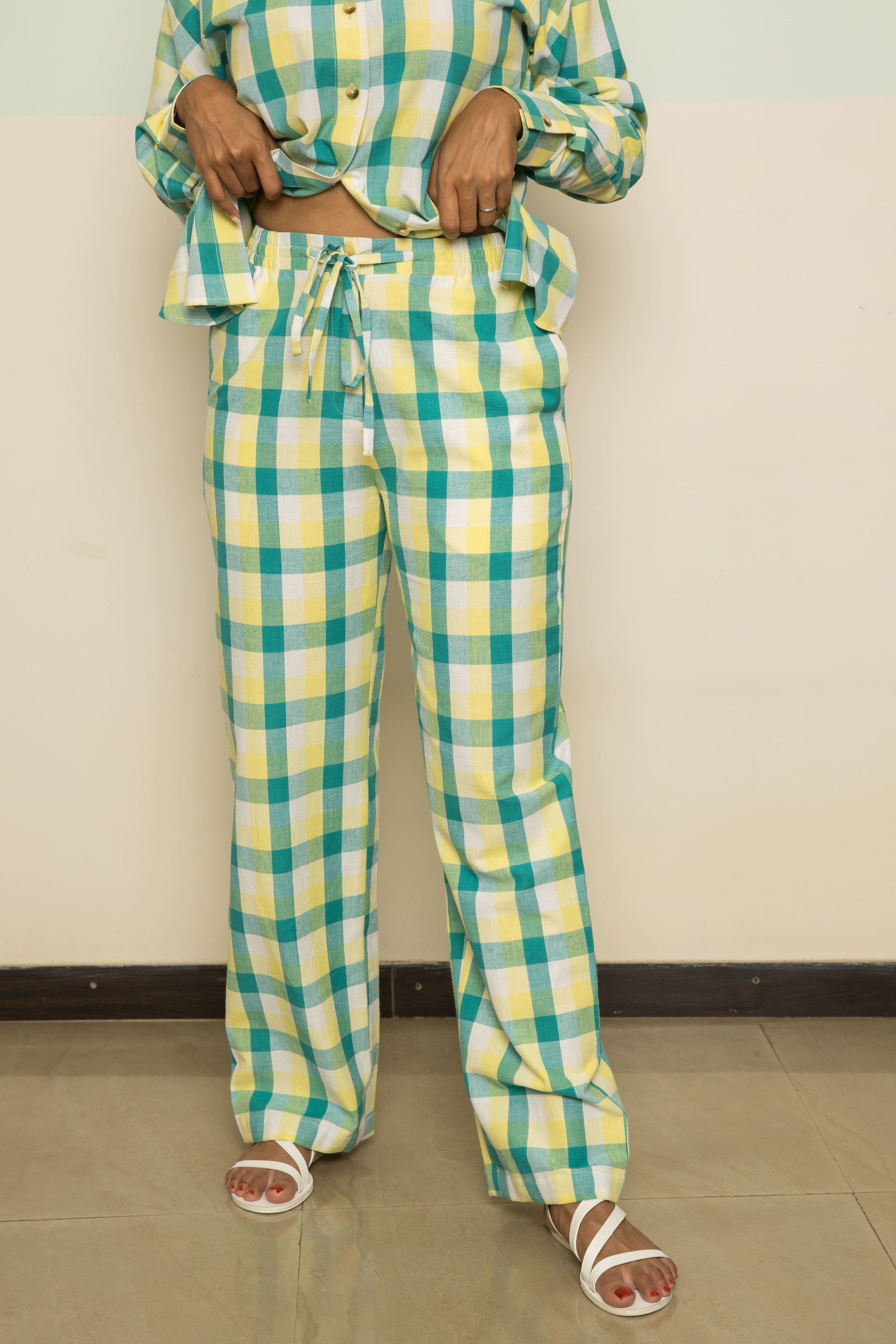 Green Casual Co-ord by Anushé Pirani with 100% Cotton, Casual Wear, Checks, Green, Handwoven, Handwoven Cotton, Lounge Wear Co-ords, Regular Fit, The Co-ord Edit, The Co-ord Edit by Anushe Pirani, Womenswear at Kamakhyaa for sustainable fashion