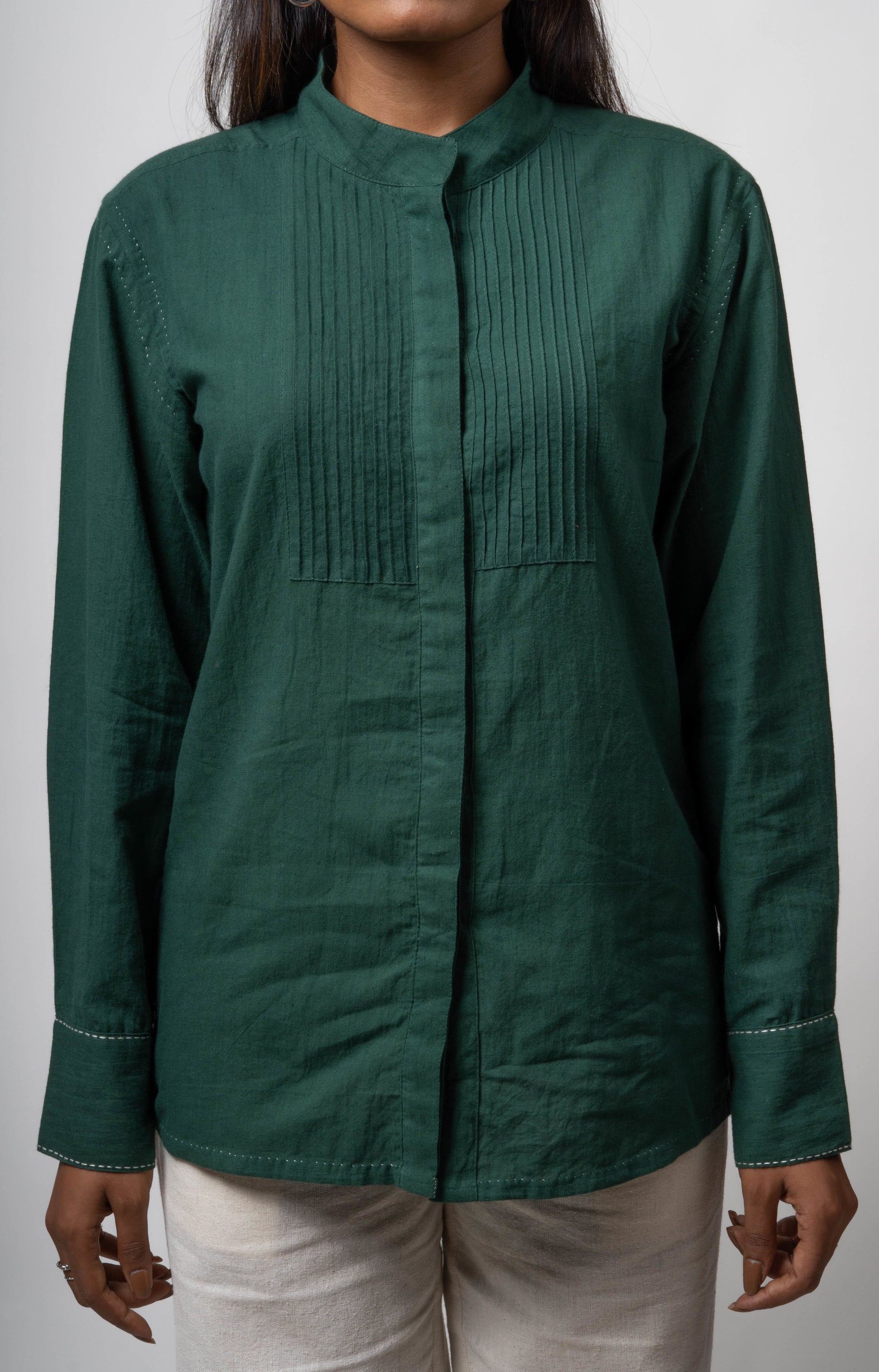 Green Cotton Shirt at Kamakhyaa by Lafaani. This item is Casual Wear, Cotton, Green, Natural, Regular Fit, Shirts, Solids, Tops, Womenswear