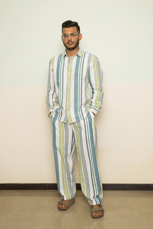 Blue Wanderlust Mens Co-ord by Anushé Pirani with 100% Cotton, Blue, Casual Wear, Handwoven, Handwoven Cotton, Lounge Wear Co-ords, Regular Fit, Stripes, The Co-ord Edit, The Co-ord Edit by Anushe Pirani, Womenswear at Kamakhyaa for sustainable fashion