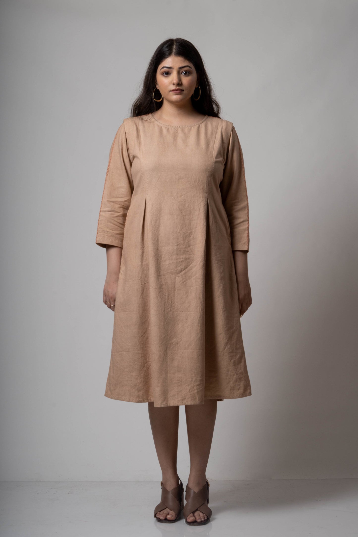Brown Midi Dress by Lafaani with Brown, Casual Wear, Cotton, fall, Midi Dresses, Natural, Regular Fit, Solids, The Way You Look by Lafaani, Womenswear at Kamakhyaa for sustainable fashion