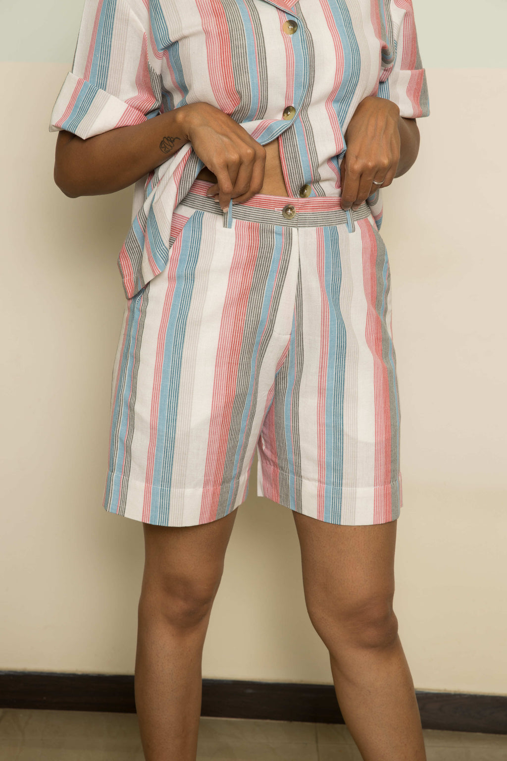 Pink Vacation Co-ord by Anushé Pirani with 100% Cotton, Casual Wear, Handwoven, Handwoven Cotton, Lounge Wear Co-ords, Pink, Regular Fit, Stripes, The Co-ord Edit, The Co-ord Edit by Anushe Pirani, Womenswear at Kamakhyaa for sustainable fashion