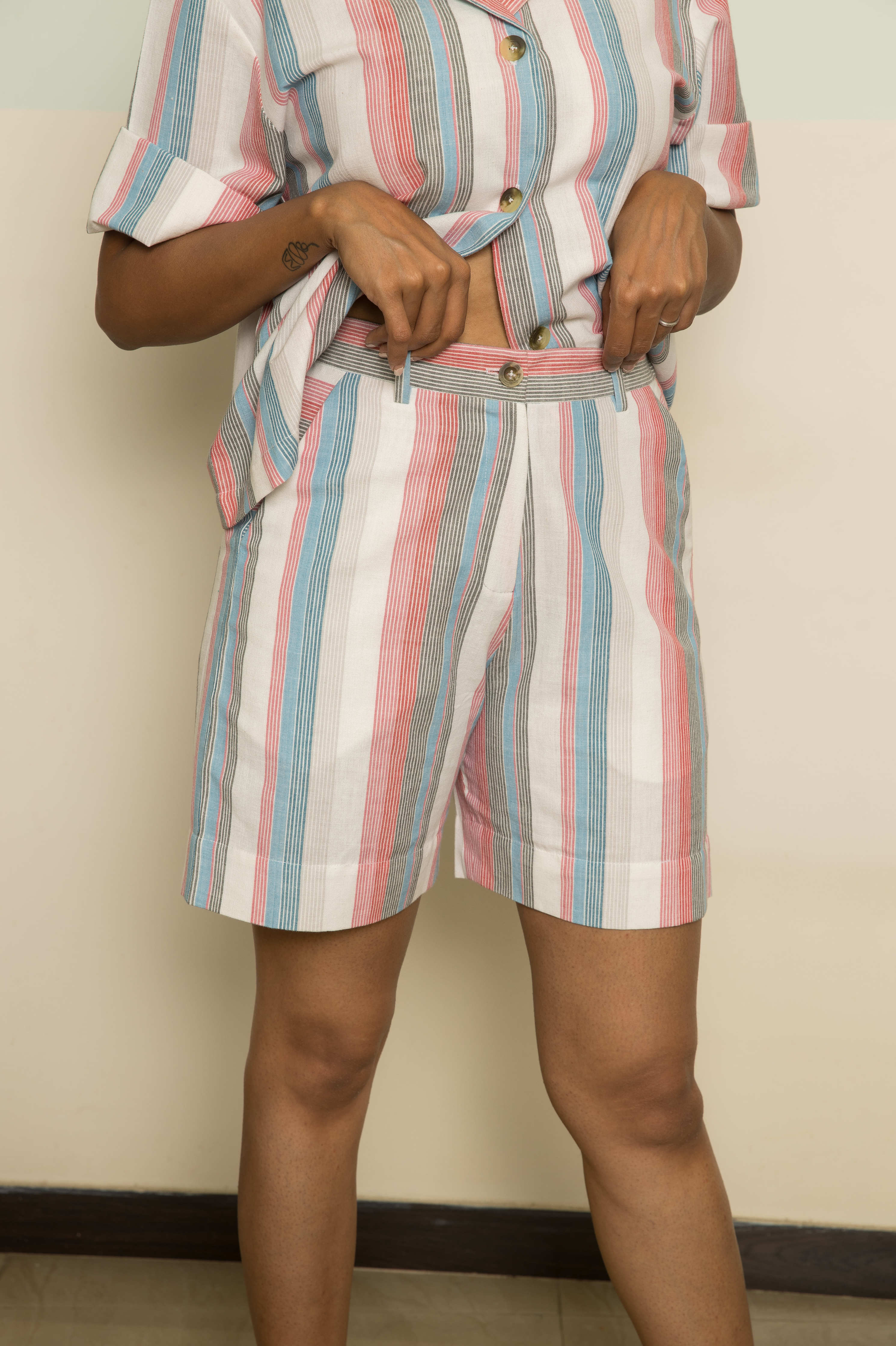 Pink Vacation Co-ord by Anushé Pirani with 100% Cotton, Casual Wear, Handwoven, Handwoven Cotton, Lounge Wear Co-ords, Pink, Regular Fit, Stripes, The Co-ord Edit, The Co-ord Edit by Anushe Pirani, Womenswear at Kamakhyaa for sustainable fashion