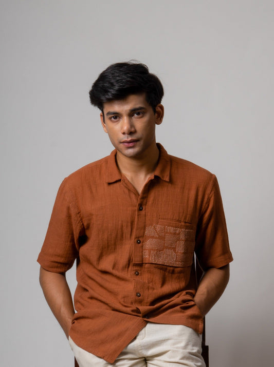 Brown Embroidered Cotton Shirt by Lafaani with Brown, Casual Wear, Cotton, fall, For Him, Menswear, Natural, Regular Fit, Shirts, Solids, The Way You Look by Lafaani, Tops at Kamakhyaa for sustainable fashion
