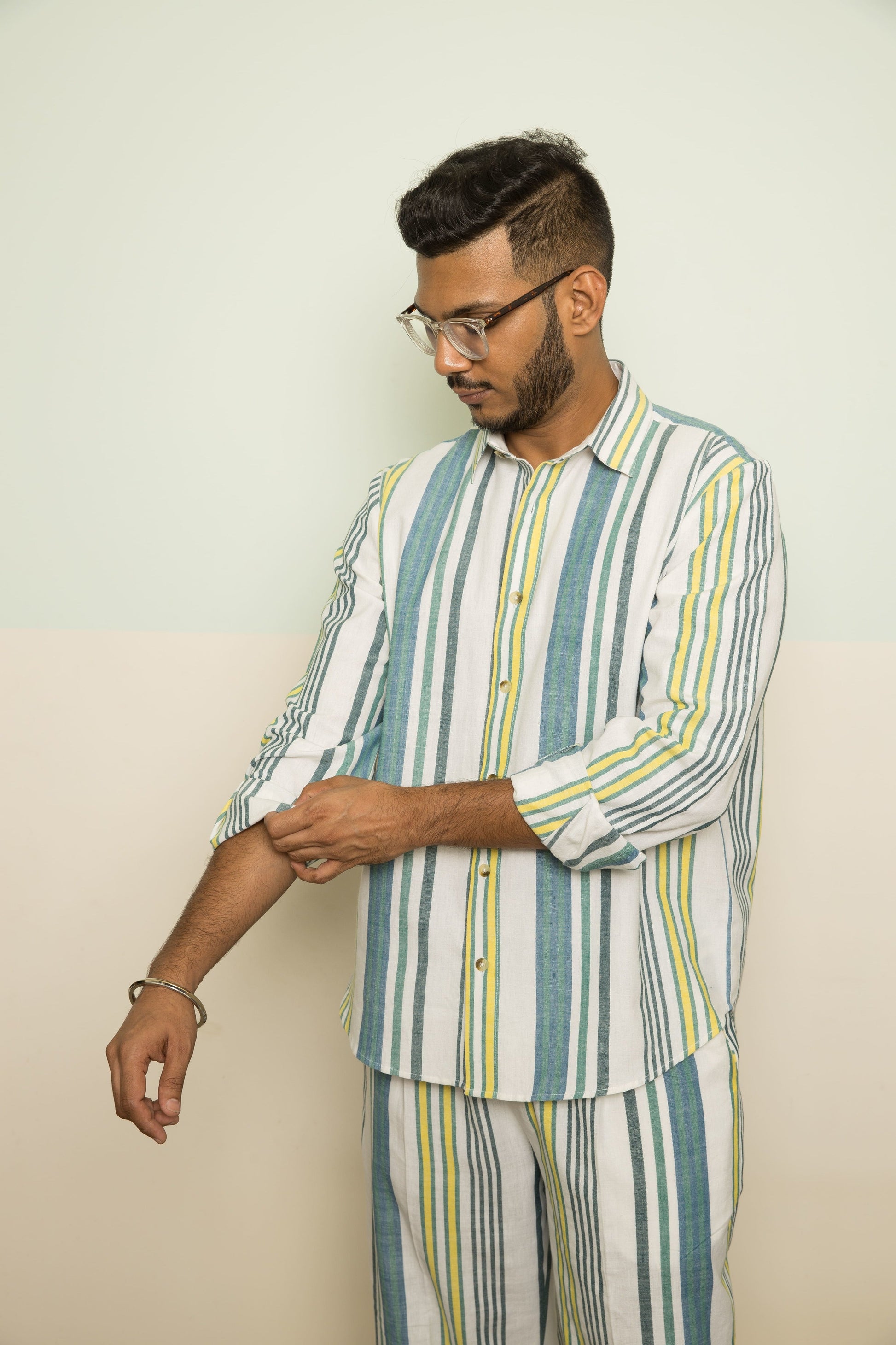 Blue Wanderlust Mens Co-ord by Anushé Pirani with 100% Cotton, Blue, Casual Wear, Handwoven, Handwoven Cotton, Lounge Wear Co-ords, Regular Fit, Stripes, The Co-ord Edit, The Co-ord Edit by Anushe Pirani, Womenswear at Kamakhyaa for sustainable fashion