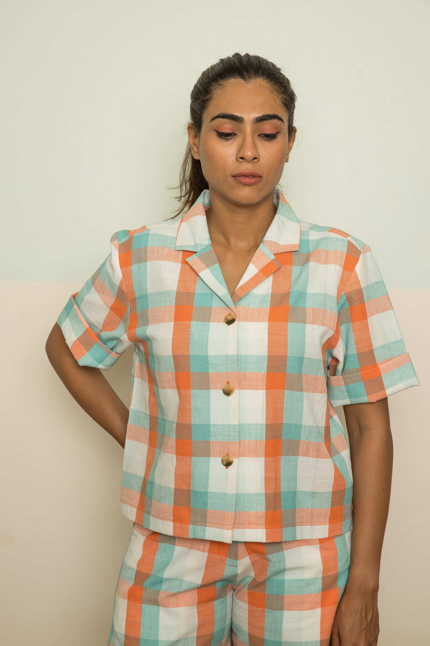 Orange Cotton Co-ord by Anushé Pirani with 100% Cotton, Casual Wear, Checks, Handwoven, Handwoven Cotton, Lounge Wear Co-ords, Orange, Regular Fit, The Co-ord Edit, The Co-ord Edit by Anushe Pirani, Womenswear at Kamakhyaa for sustainable fashion