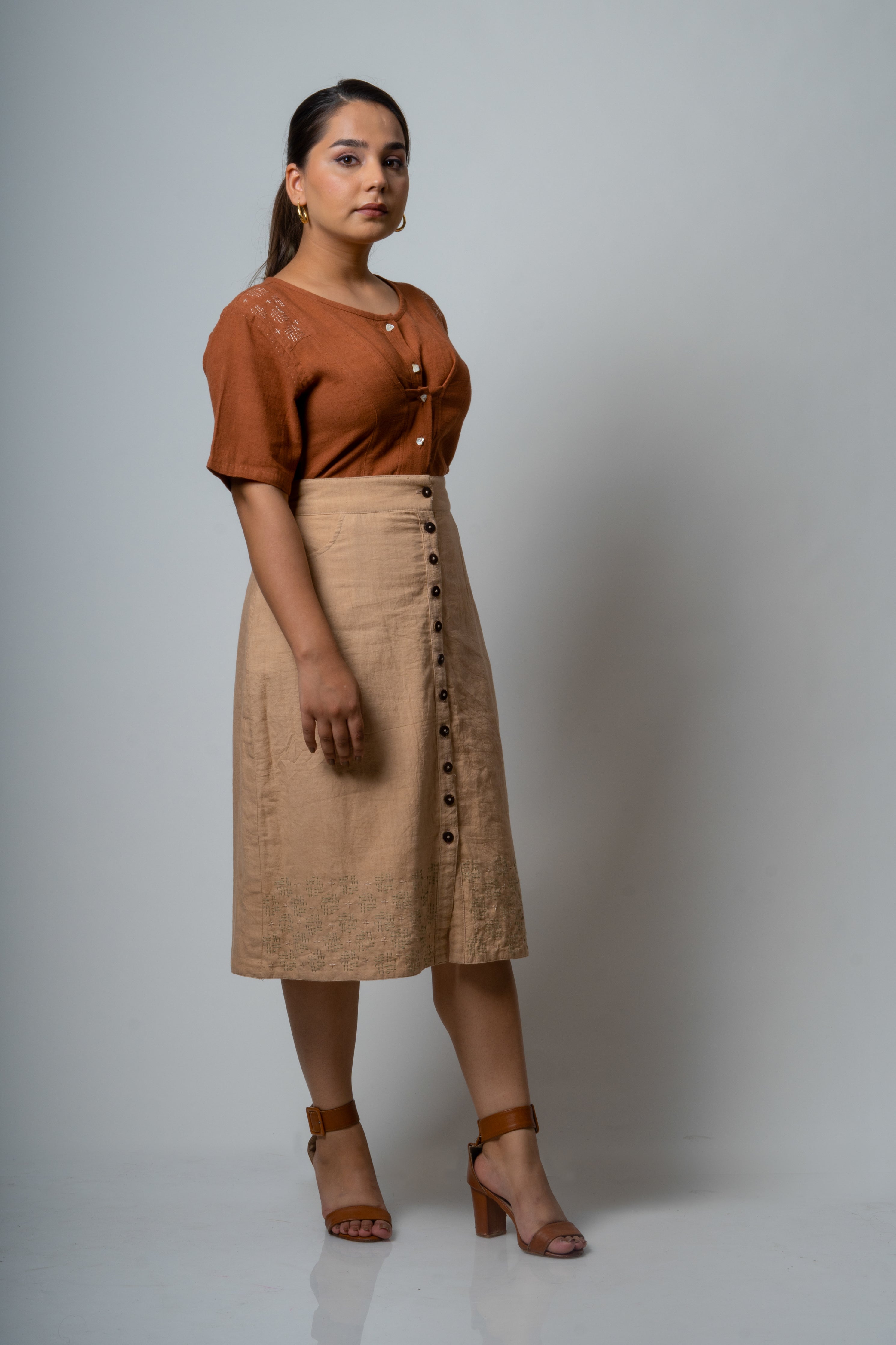 Brown Embroidered Cotton Tunic Top by Lafaani with Brown, Casual Wear, Cotton, fall, Natural, Regular Fit, Shirts, Solids, The Way You Look by Lafaani, Tops, Womenswear at Kamakhyaa for sustainable fashion