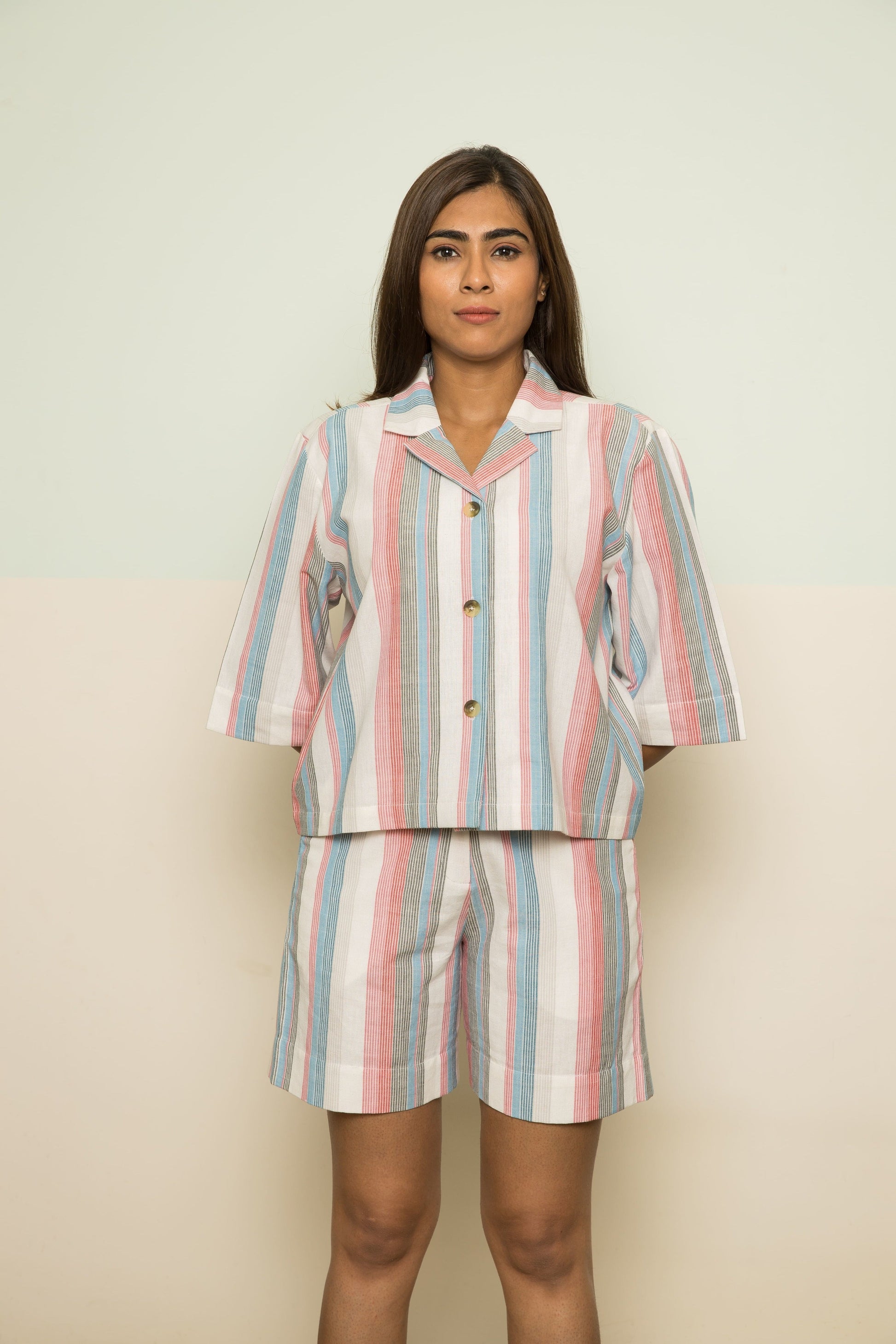 Pink Vacation Co-ord by Anushé Pirani with 100% Cotton, Casual Wear, Handwoven, Handwoven Cotton, Lounge Wear Co-ords, Pink, Regular Fit, Stripes, The Co-ord Edit, The Co-ord Edit by Anushe Pirani, Womenswear at Kamakhyaa for sustainable fashion