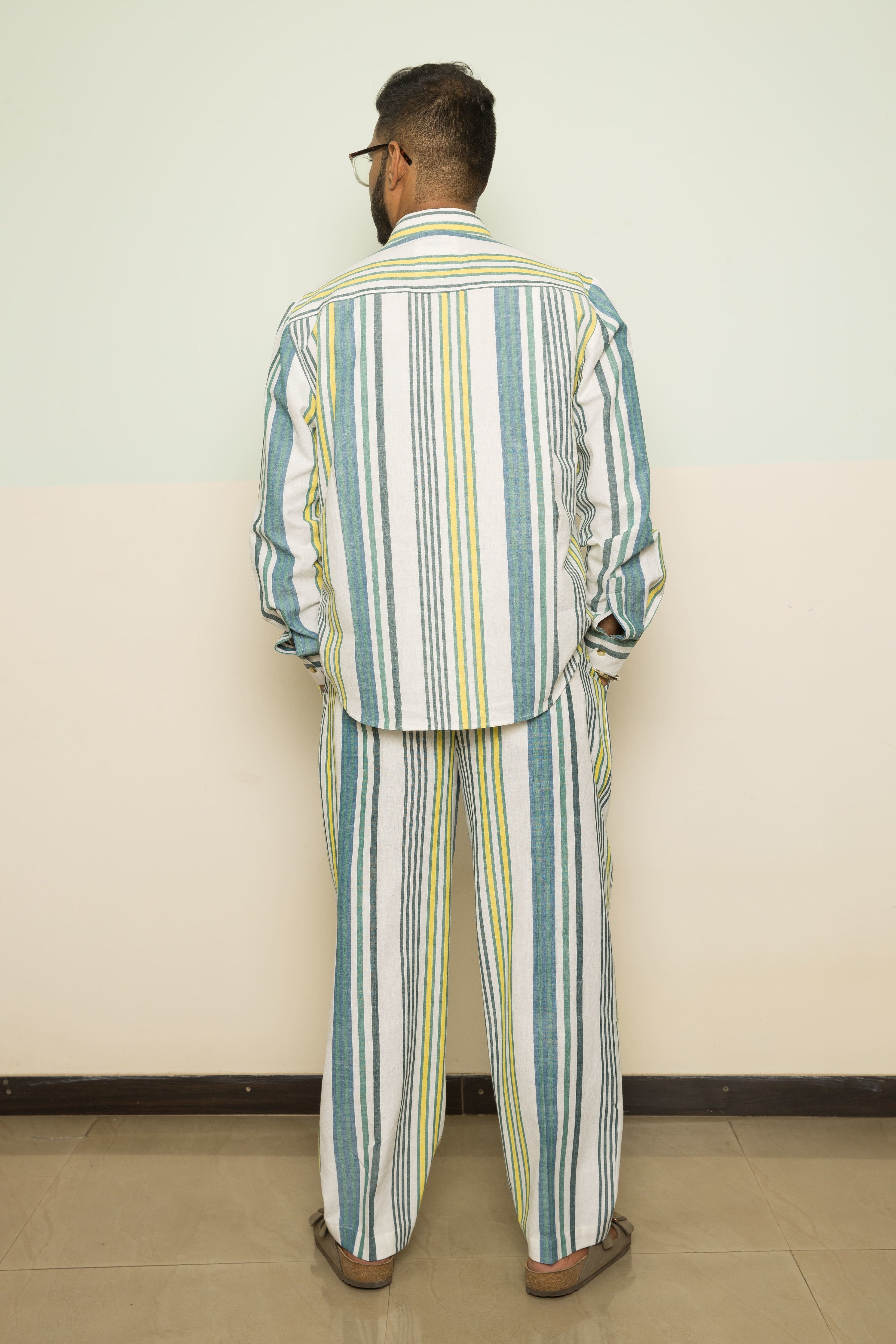 Blue Wanderlust Mens Co-ord by Anushé Pirani with 100% Cotton, Blue, Casual Wear, Handwoven, Handwoven Cotton, Lounge Wear Co-ords, Regular Fit, Stripes, The Co-ord Edit, The Co-ord Edit by Anushe Pirani, Womenswear at Kamakhyaa for sustainable fashion