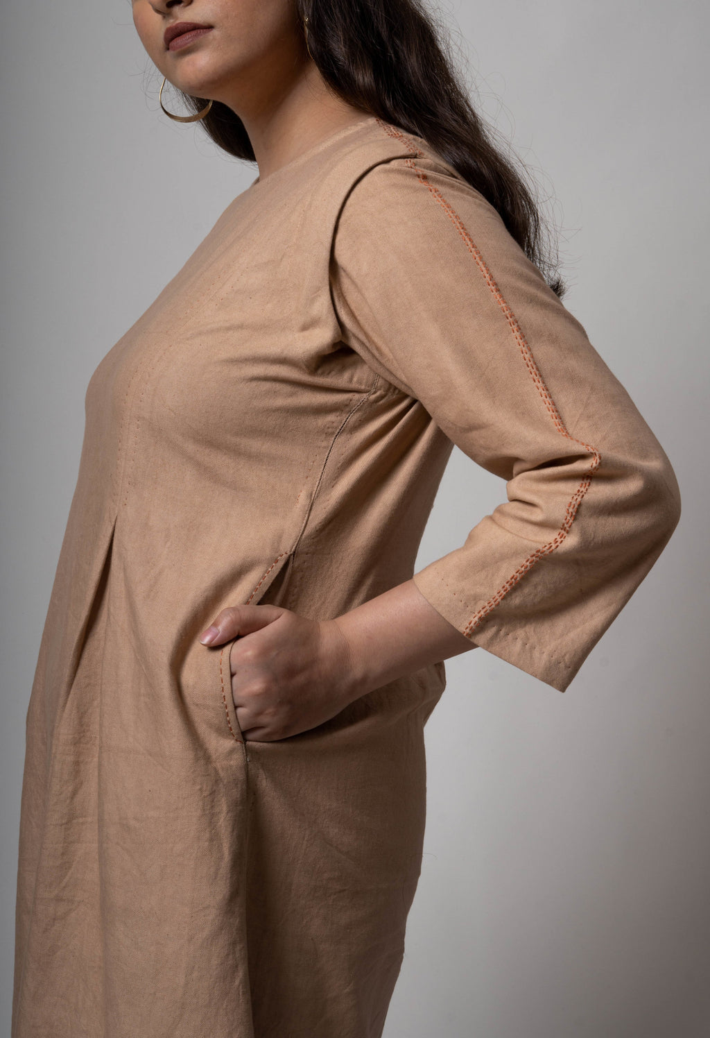 Brown Midi Dress by Lafaani with Brown, Casual Wear, Cotton, fall, Midi Dresses, Natural, Regular Fit, Solids, The Way You Look by Lafaani, Womenswear at Kamakhyaa for sustainable fashion