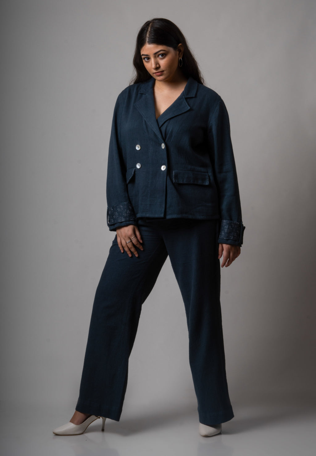 Grey Double Breasted Cotton Jacket by Lafaani with Blazers, Casual Wear, Cotton, Grey, Natural, Regular Fit, Solids, The Way You Look by Lafaani, Womenswear at Kamakhyaa for sustainable fashion