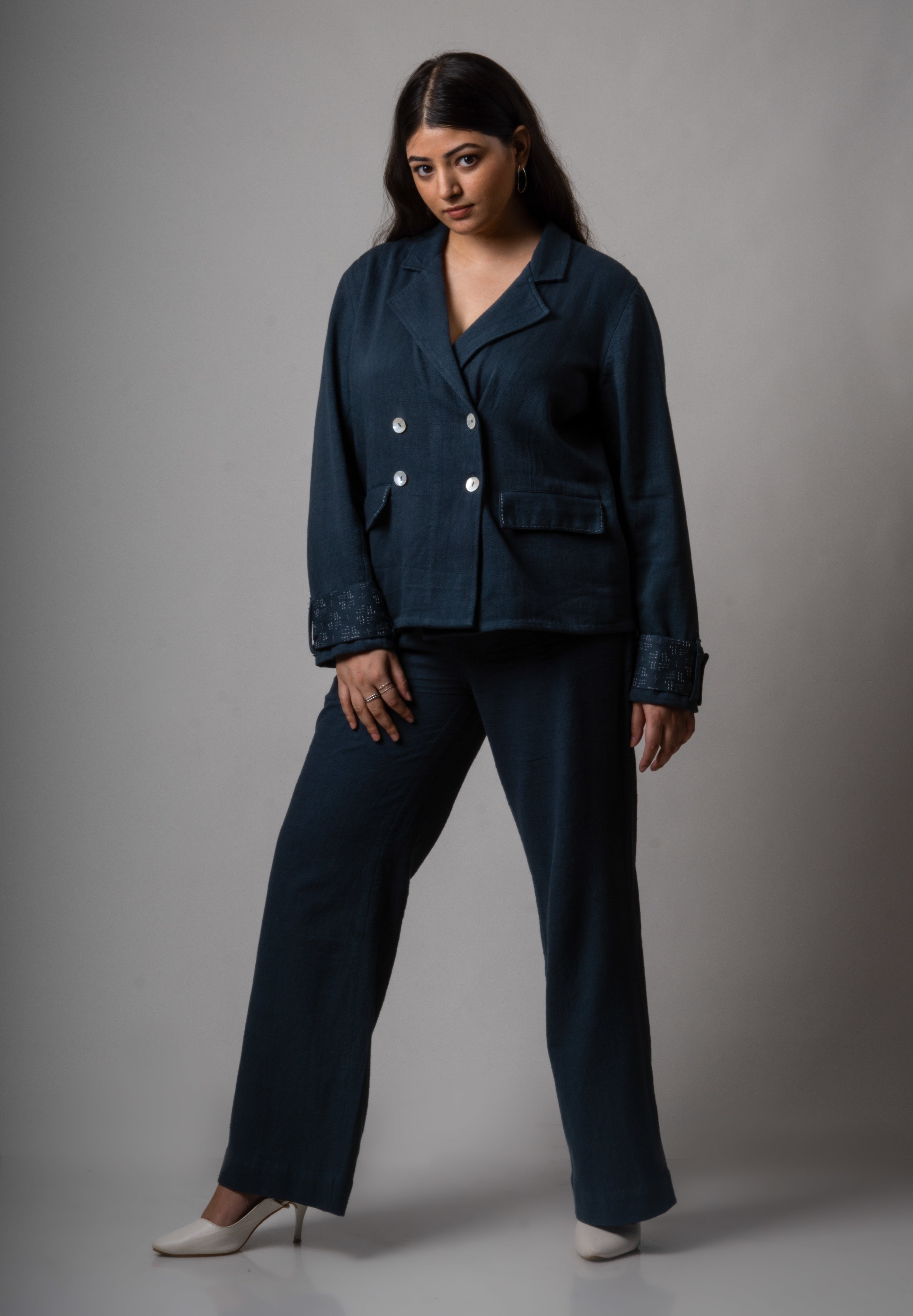 Grey Double Breasted Cotton Jacket by Lafaani with Blazers, Casual Wear, Cotton, Grey, Natural, Regular Fit, Solids, The Way You Look by Lafaani, Womenswear at Kamakhyaa for sustainable fashion