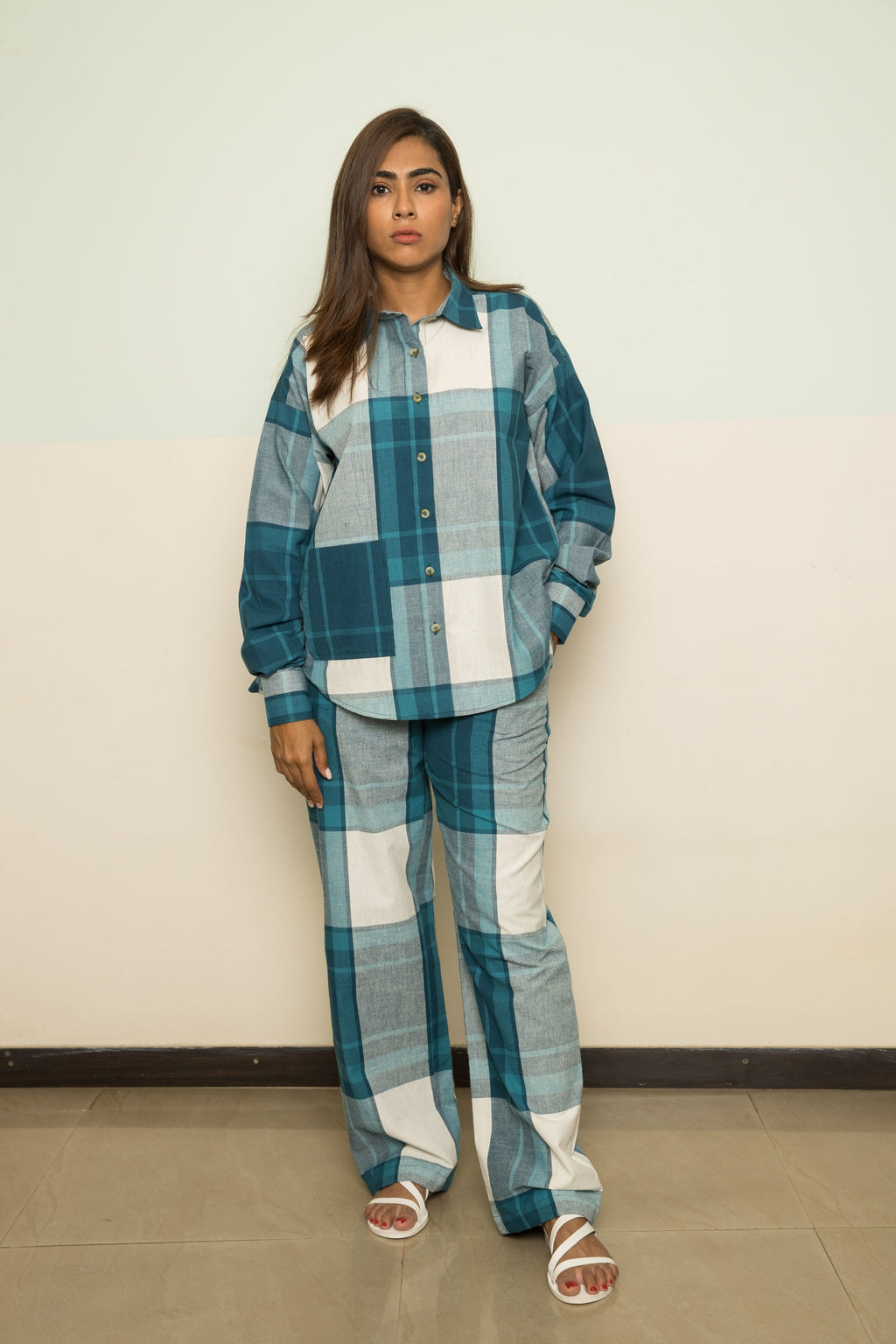 Blue Cotton Co-ord by Anushé Pirani with 100% Cotton, Blue, Casual Wear, Checks, Handwoven, Handwoven Cotton, Lounge Wear Co-ords, Regular Fit, The Co-ord Edit, The Co-ord Edit by Anushe Pirani, Womenswear at Kamakhyaa for sustainable fashion