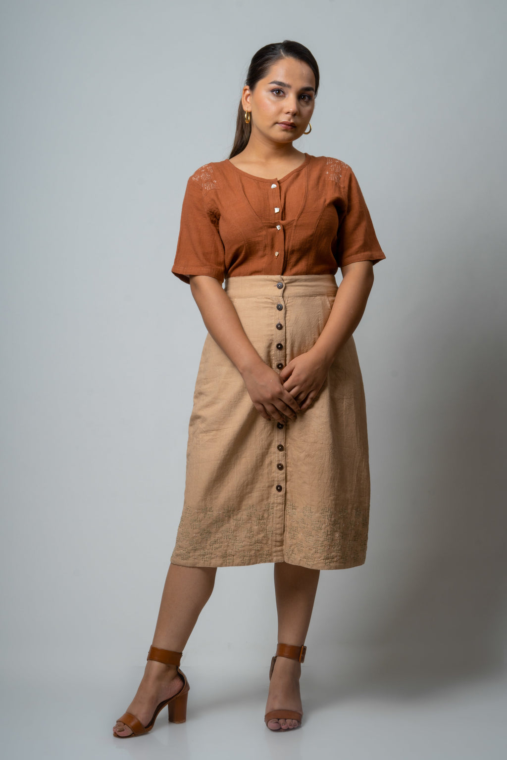 Beige Skirt by Lafaani with Brown, Casual Wear, Cotton, Fall, For Siblings, Mini Skirts, Natural, Regular Fit, Skirts, Solids, The Way You Look by Lafaani, Womenswear at Kamakhyaa for sustainable fashion