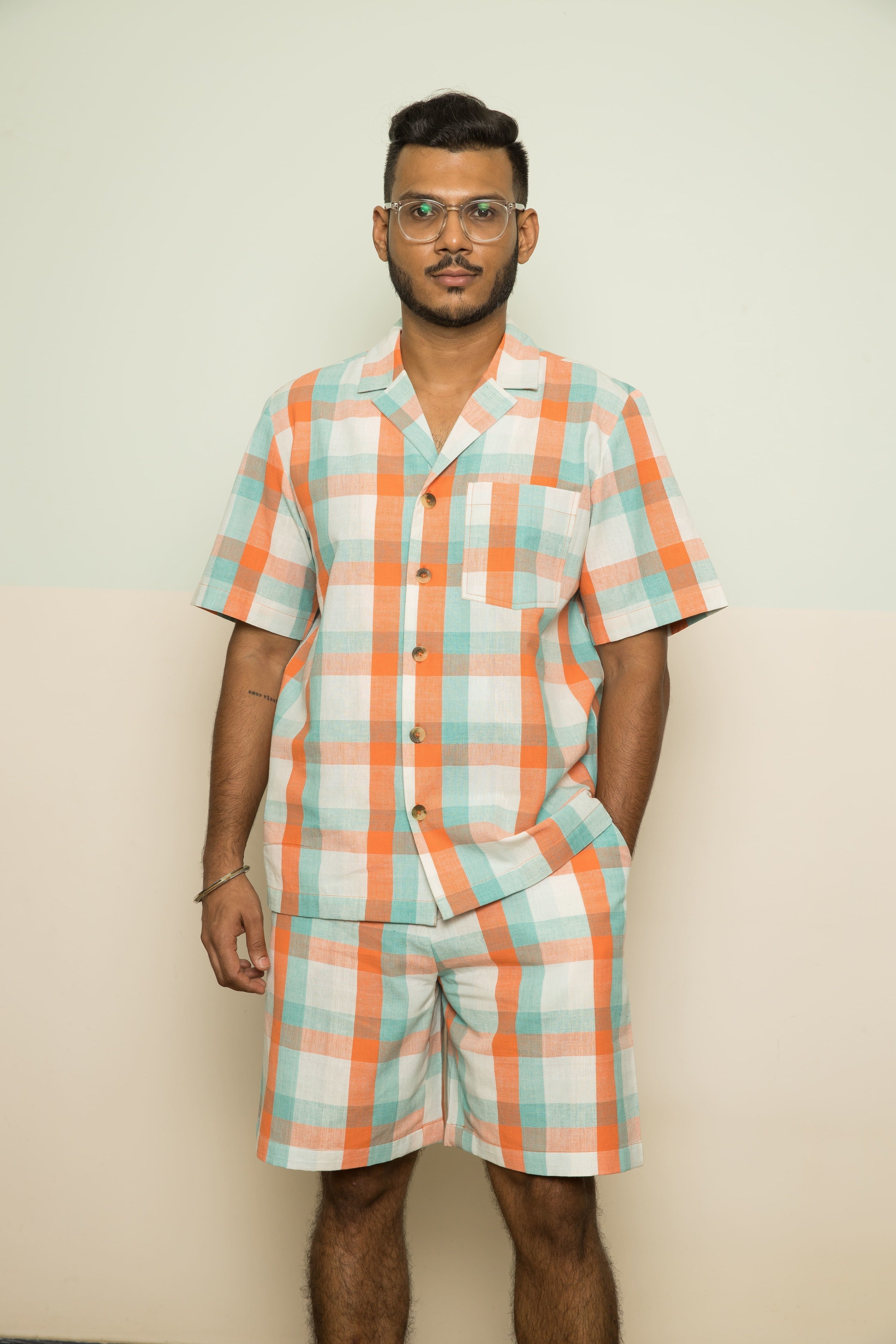 Orange Checks Mens Co-ord by Anushé Pirani with 100% Cotton, Casual Wear, Checks, Handwoven, Handwoven Cotton, Lounge Wear Co-ords, Orange, Regular Fit, The Co-ord Edit, The Co-ord Edit by Anushe Pirani, Womenswear at Kamakhyaa for sustainable fashion