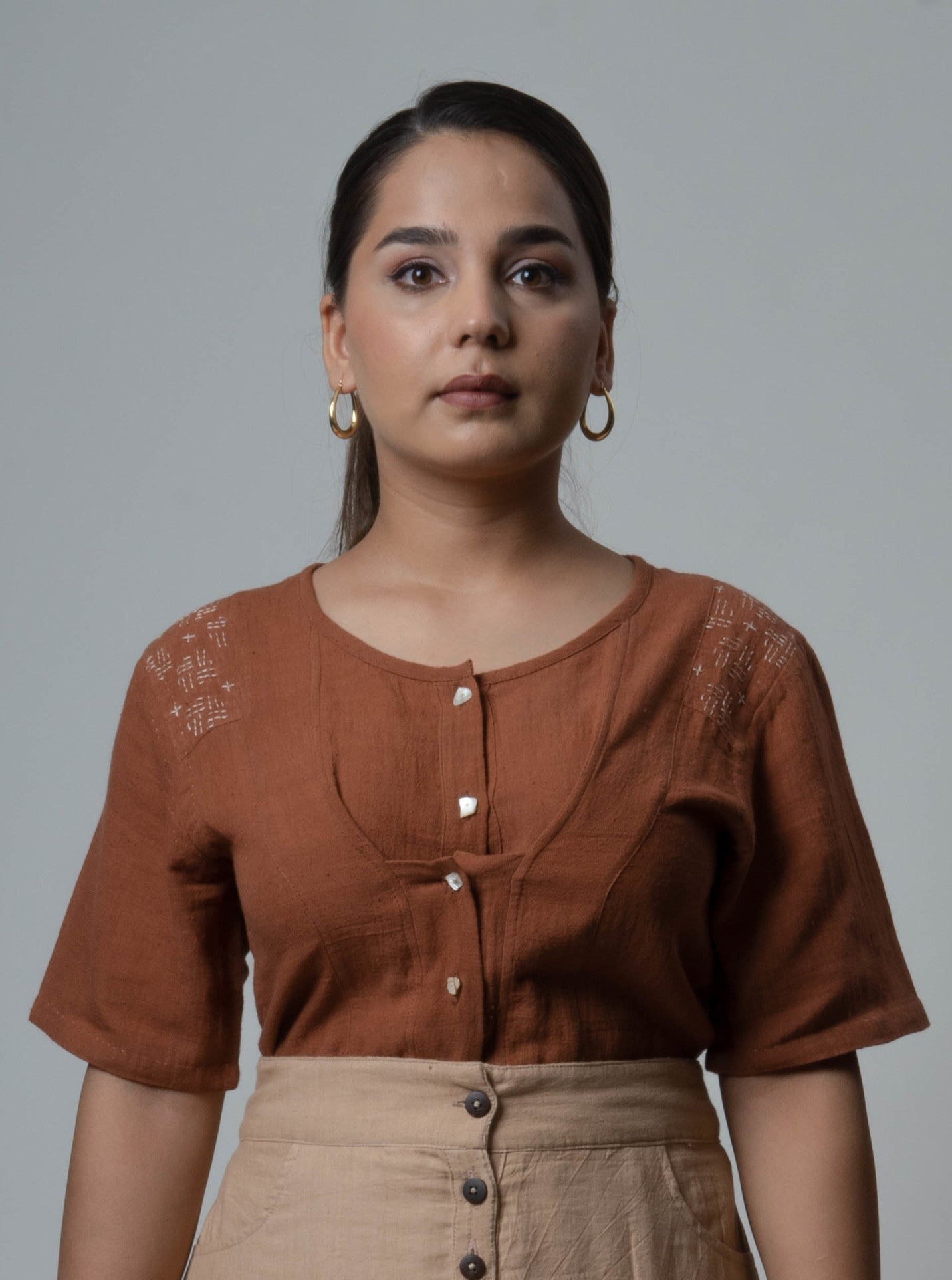 Brown Embroidered Cotton Tunic Top by Lafaani with Brown, Casual Wear, Cotton, fall, Natural, Regular Fit, Shirts, Solids, The Way You Look by Lafaani, Tops, Womenswear at Kamakhyaa for sustainable fashion