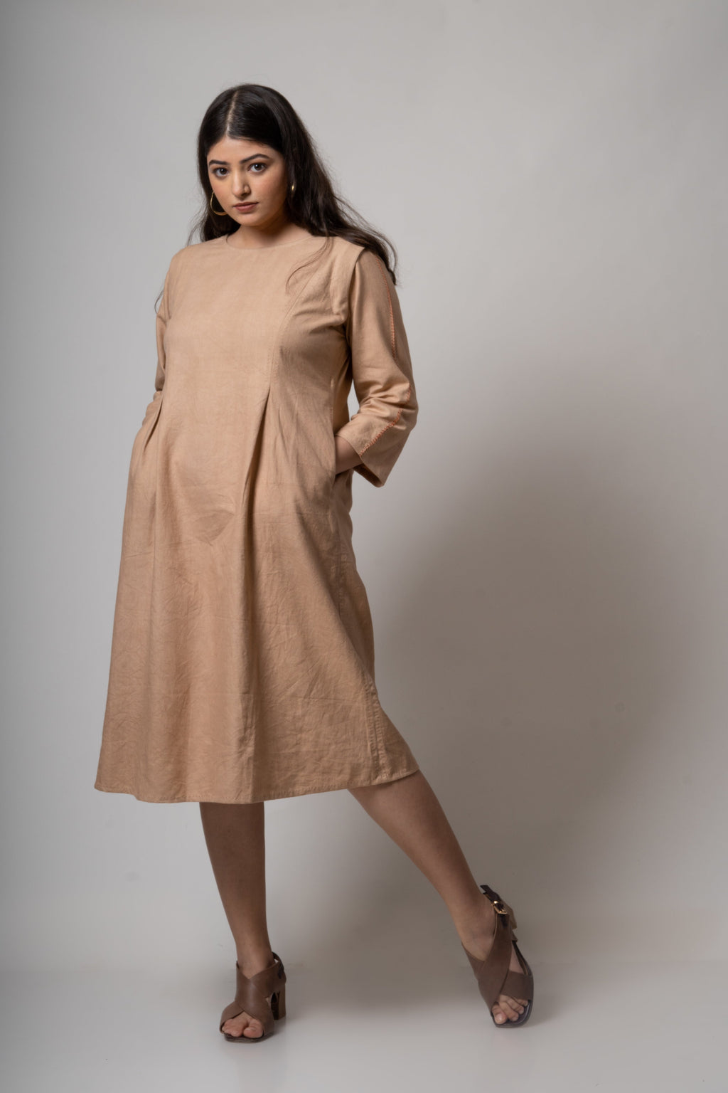 Brown Midi Dress by Lafaani with Brown, Casual Wear, Cotton, fall, Midi Dresses, Natural, Regular Fit, Solids, The Way You Look by Lafaani, Womenswear at Kamakhyaa for sustainable fashion