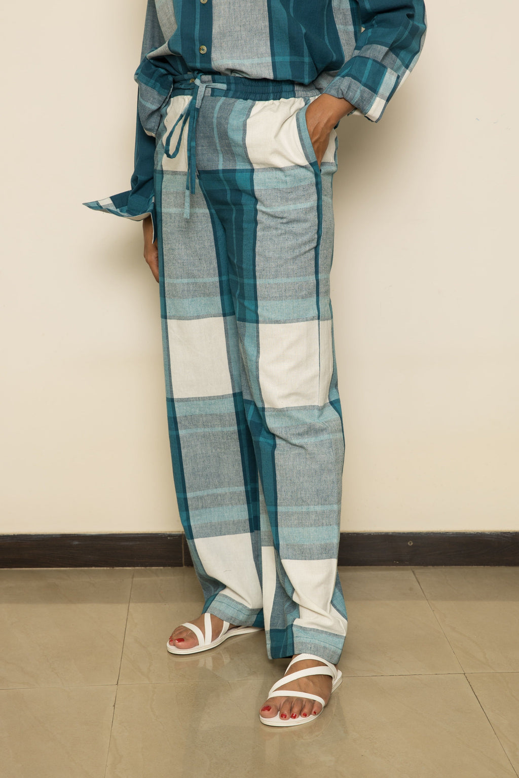 Blue Cotton Co-ord by Anushé Pirani with 100% Cotton, Blue, Casual Wear, Checks, Handwoven, Handwoven Cotton, Lounge Wear Co-ords, Regular Fit, The Co-ord Edit, The Co-ord Edit by Anushe Pirani, Womenswear at Kamakhyaa for sustainable fashion