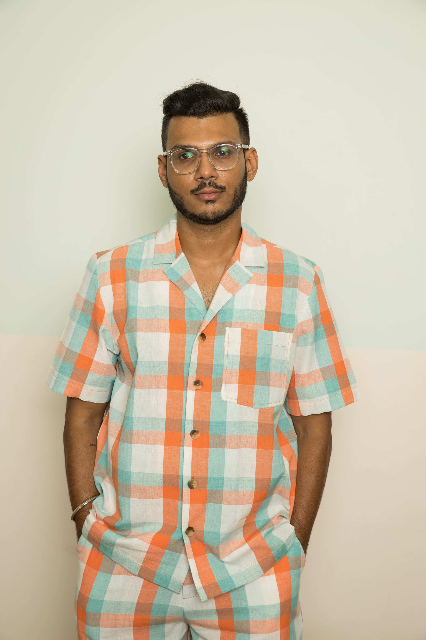 Orange Checks Mens Co-ord by Anushé Pirani with 100% Cotton, Casual Wear, Checks, Handwoven, Handwoven Cotton, Lounge Wear Co-ords, Orange, Regular Fit, The Co-ord Edit, The Co-ord Edit by Anushe Pirani, Womenswear at Kamakhyaa for sustainable fashion