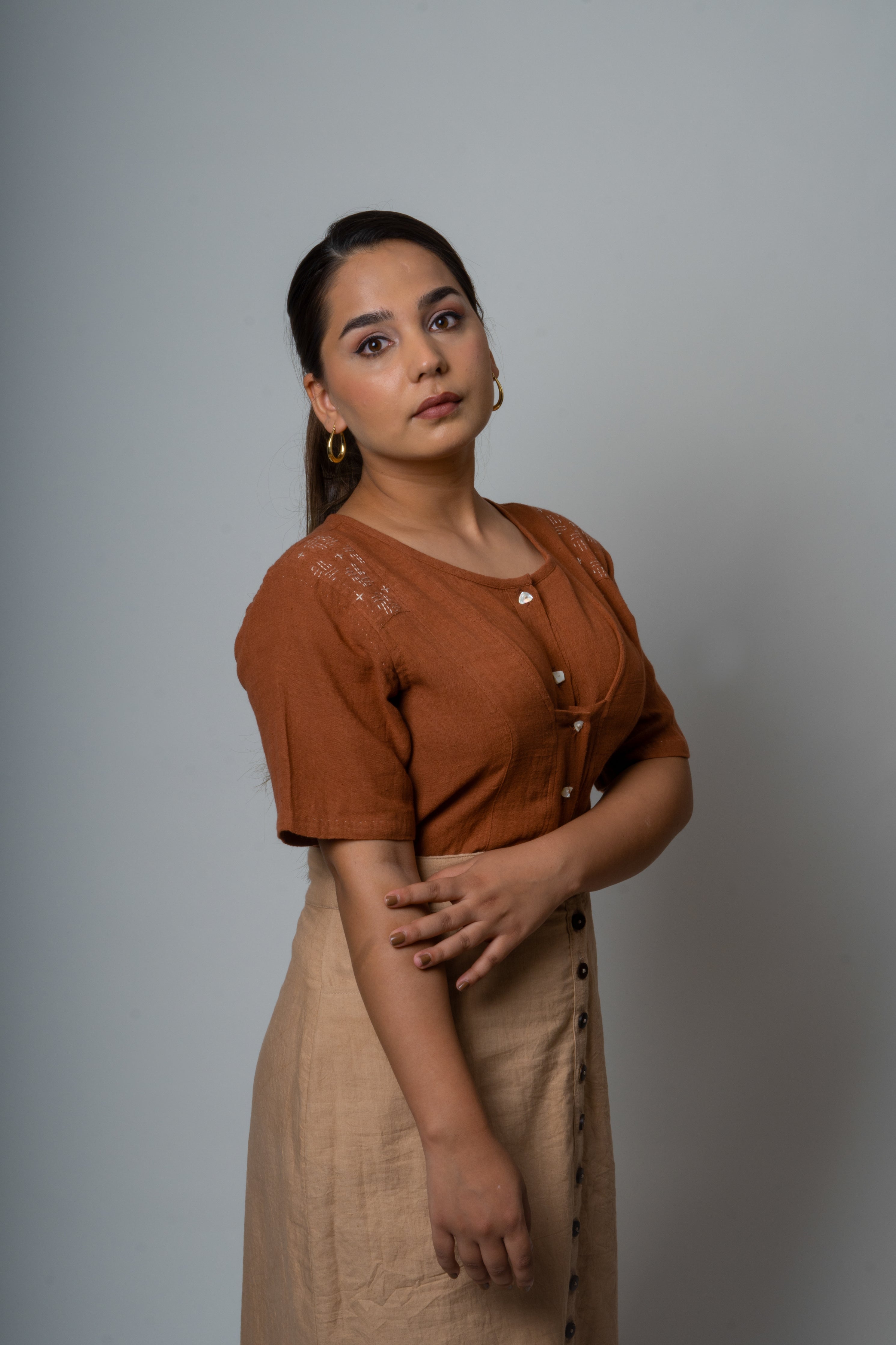 Brown Embroidered Cotton Tunic Top by Lafaani with Brown, Casual Wear, Cotton, fall, Natural, Regular Fit, Shirts, Solids, The Way You Look by Lafaani, Tops, Womenswear at Kamakhyaa for sustainable fashion