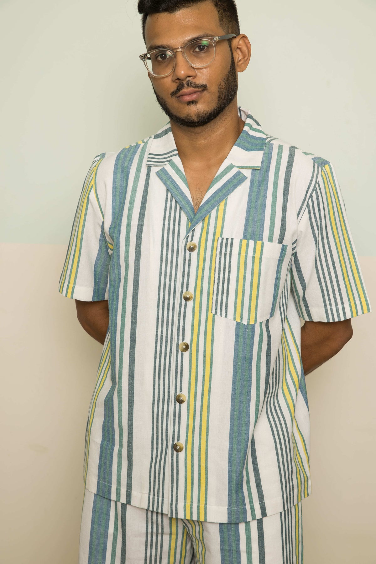 Blue Checks Mens Co-ord by Anushé Pirani with 100% Cotton, Blue, Casual Wear, Handwoven, Handwoven Cotton, Lounge Wear Co-ords, Regular Fit, Stripes, The Co-ord Edit, The Co-ord Edit by Anushe Pirani, Womenswear at Kamakhyaa for sustainable fashion