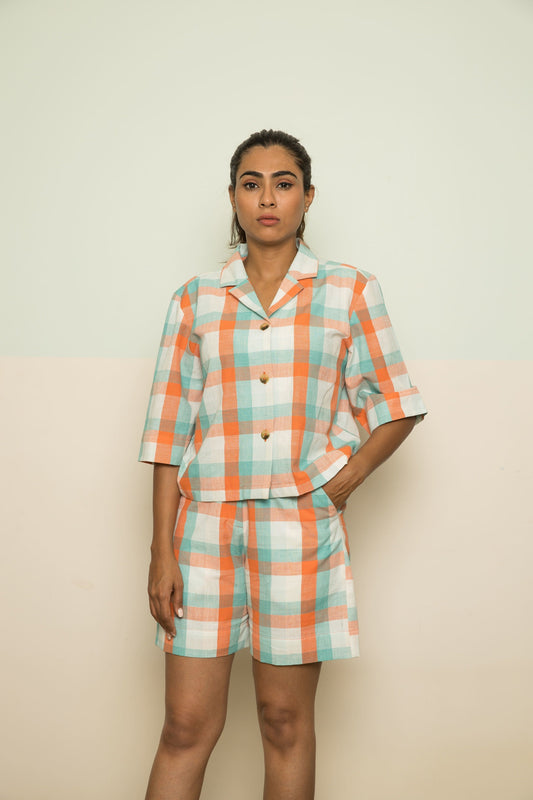 Orange Cotton Co-ord by Anushé Pirani with 100% Cotton, Casual Wear, Checks, Handwoven, Handwoven Cotton, Lounge Wear Co-ords, Orange, Regular Fit, The Co-ord Edit, The Co-ord Edit by Anushe Pirani, Womenswear at Kamakhyaa for sustainable fashion