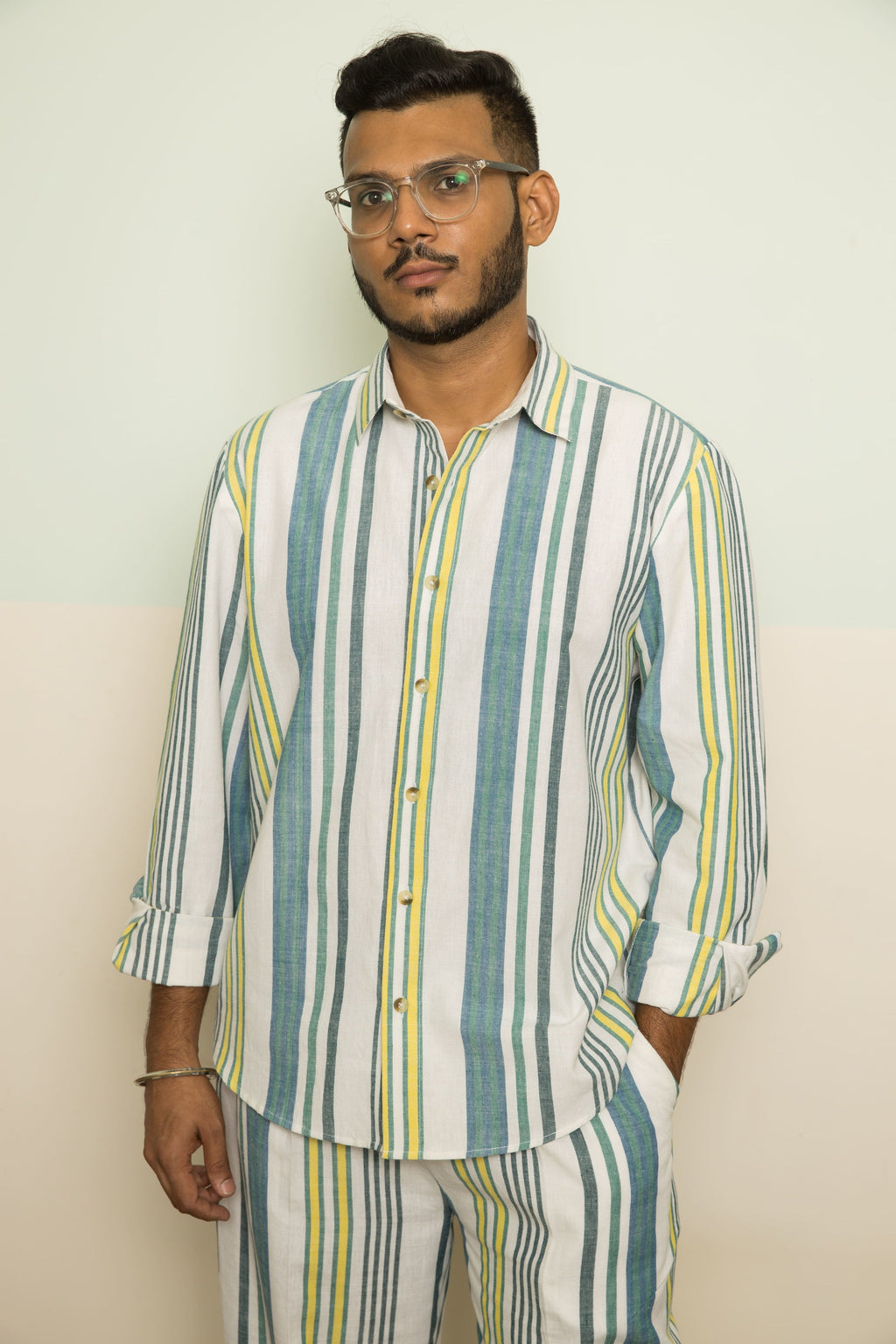 Blue Wanderlust Mens Co-ord by Anushé Pirani with 100% Cotton, Blue, Casual Wear, Handwoven, Handwoven Cotton, Lounge Wear Co-ords, Regular Fit, Stripes, The Co-ord Edit, The Co-ord Edit by Anushe Pirani, Womenswear at Kamakhyaa for sustainable fashion