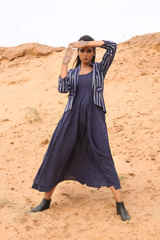 Deep Blue Striped Short Jacket With Spaghetti Dress - Set Of Two Blue, Co-ord Sets, Cotton, Cotton Lurex, Desert Rose, Jackets, Midi Dresses, Natural, Relaxed Fit, Resort Wear, Stripes Kamakhyaa