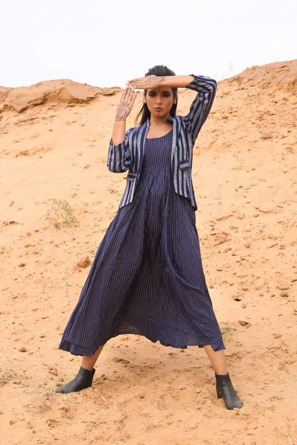 Deep Blue Striped Short Jacket With Spaghetti Dress - Set Of Two by Keva with Blue, Co-ord Sets, Cotton, Cotton Lurex, Desert Rose, Dress Sets, For Mother, For Mother W, Jackets, Midi Dresses, Natural, Relaxed Fit, Resort Wear, Stripes, Womenswear at Kamakhyaa for sustainable fashion