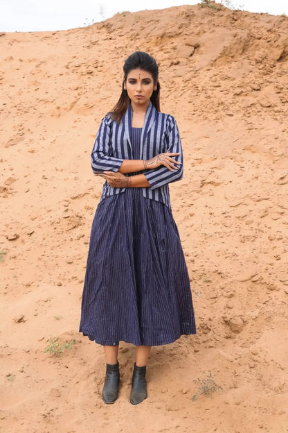 Deep Blue Striped Short Jacket With Spaghetti Dress - Set Of Two by Keva with Blue, Co-ord Sets, Cotton, Cotton Lurex, Desert Rose, Dress Sets, For Mother, For Mother W, Jackets, Midi Dresses, Natural, Relaxed Fit, Resort Wear, Stripes, Womenswear at Kamakhyaa for sustainable fashion