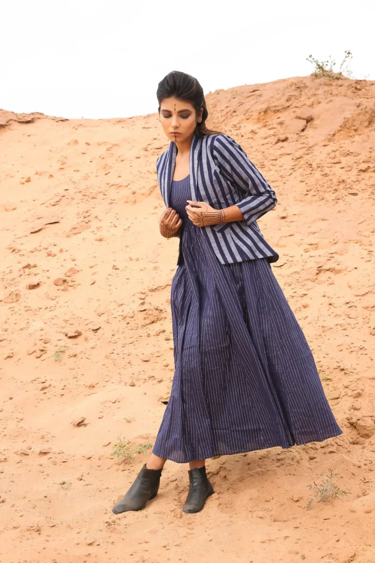Deep Blue Striped Short Jacket With Spaghetti Dress - Set Of Two by Keva with Blue, Co-ord Sets, Cotton, Cotton Lurex, Desert Rose, Dress Sets, For Mother, For Mother W, Jackets, Midi Dresses, Natural, Relaxed Fit, Resort Wear, Stripes, Womenswear at Kamakhyaa for sustainable fashion