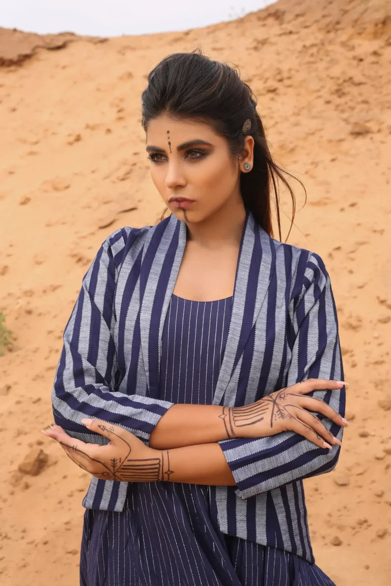 Deep Blue Striped Short Jacket With Spaghetti Dress - Set Of Two by Keva with Blue, Co-ord Sets, Cotton, Cotton Lurex, Desert Rose, Dress Sets, For Mother, For Mother W, Jackets, Midi Dresses, Natural, Relaxed Fit, Resort Wear, Stripes, Womenswear at Kamakhyaa for sustainable fashion