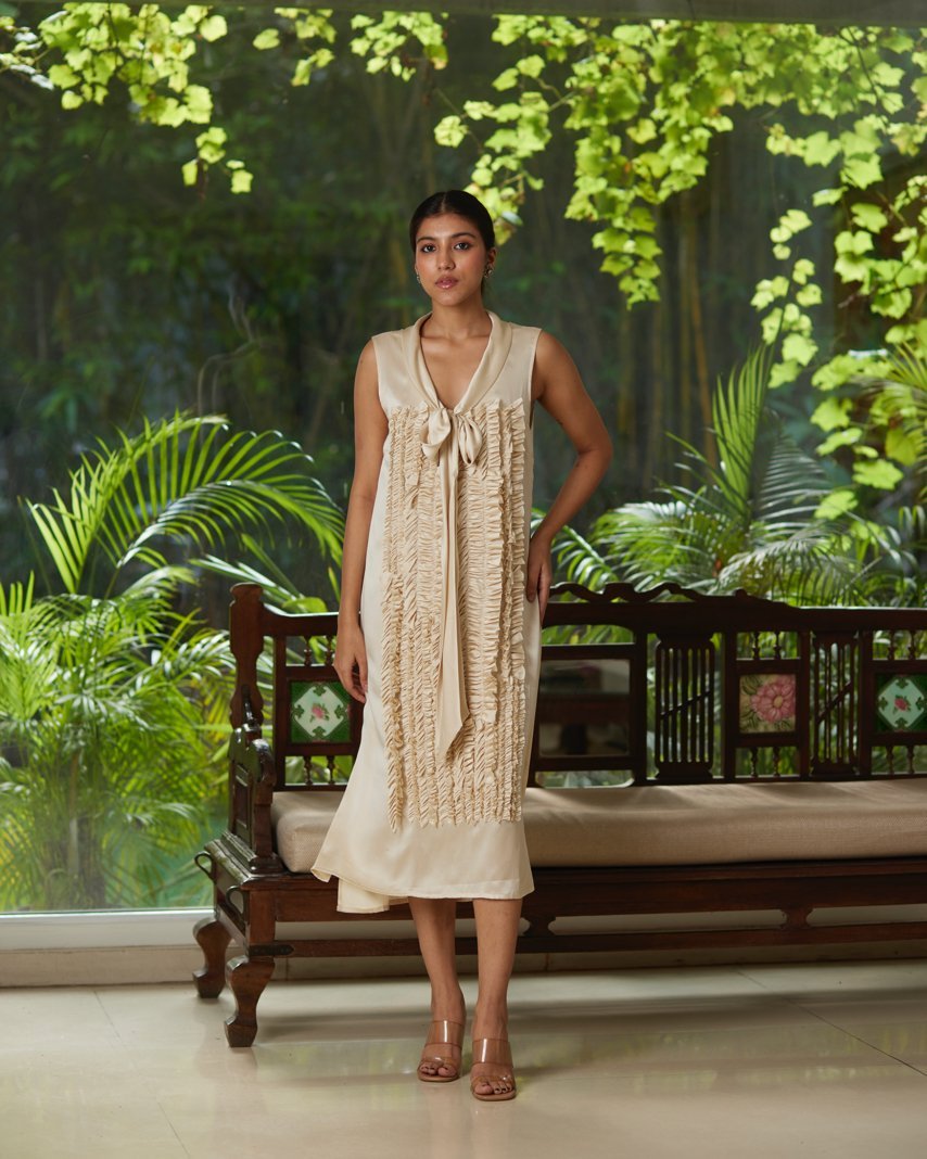 Beige Satin Silk Sleeveless Ruffled Dress by Mayura Kumar with Beige, Dresses, Festive Wear, Mayura Kumar, Regular Fit, Satin, Silk, Sleeveless Dresses, Solids, Womenswear at Kamakhyaa for sustainable fashion