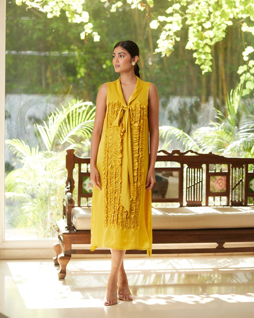 Yellow Satin Silk Sleeveless Ruffled Dress by Mayura Kumar with Dresses, Festive Wear, Mayura Kumar, Regular Fit, Satin, Silk, Sleeveless Dresses, Solids, Womenswear, Yellow at Kamakhyaa for sustainable fashion