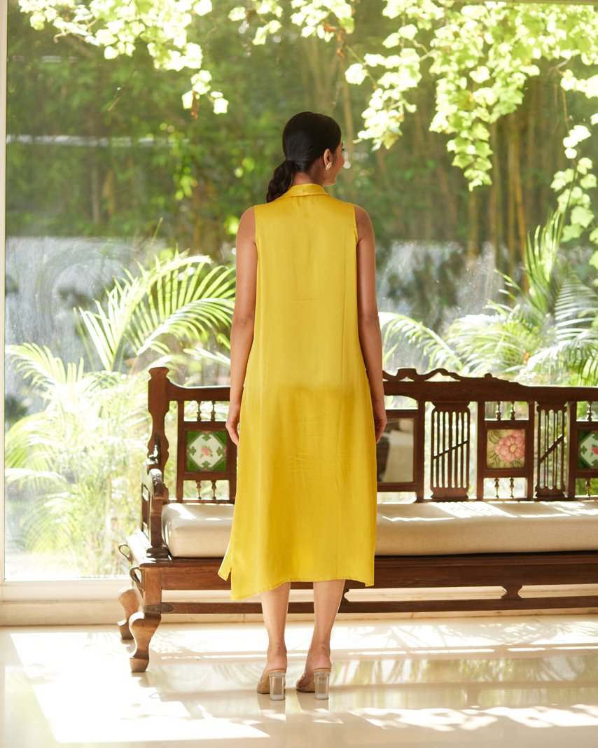 Yellow Satin Silk Sleeveless Ruffled Dress by Mayura Kumar with Dresses, Festive Wear, Mayura Kumar, Regular Fit, Satin, Silk, Sleeveless Dresses, Solids, Womenswear, Yellow at Kamakhyaa for sustainable fashion