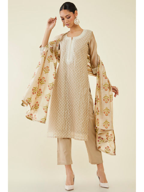 Beige Grey Sequin Kurta Set With Dupatta by Indian Wear with Beige, Cotton, Cotton Khadi, Ethnic Wear, Festive Wear, Grey, Kurta Pant Sets, Kurta Set with Dupattas, Natural, Regular Fit, Womenswear at Kamakhyaa for sustainable fashion