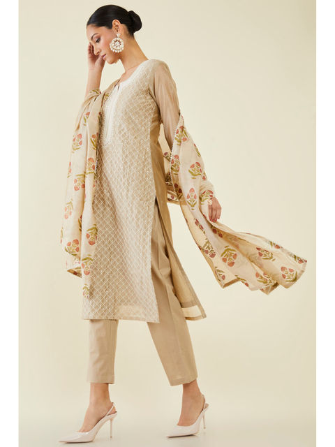 Beige Grey Sequin Kurta Set With Dupatta by Indian Wear with Beige, Cotton, Cotton Khadi, Ethnic Wear, Festive Wear, Grey, Kurta Pant Sets, Kurta Set with Dupattas, Natural, Regular Fit, Womenswear at Kamakhyaa for sustainable fashion