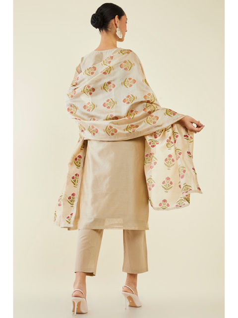 Beige Grey Sequin Kurta Set With Dupatta by Indian Wear with Beige, Cotton, Cotton Khadi, Ethnic Wear, Festive Wear, Grey, Kurta Pant Sets, Kurta Set with Dupattas, Natural, Regular Fit, Womenswear at Kamakhyaa for sustainable fashion