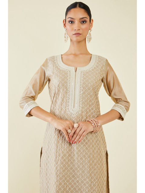 Beige Grey Sequin Kurta Set With Dupatta by Indian Wear with Beige, Cotton, Cotton Khadi, Ethnic Wear, Festive Wear, Grey, Kurta Pant Sets, Kurta Set with Dupattas, Natural, Regular Fit, Womenswear at Kamakhyaa for sustainable fashion