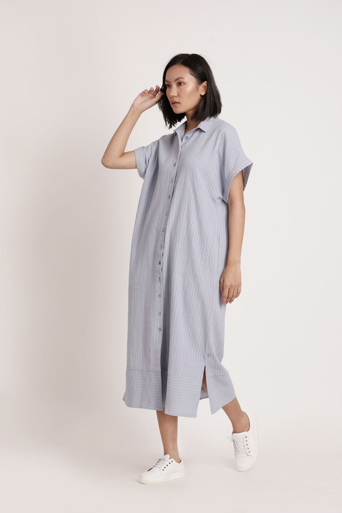 Kaftan Long Shirt by Itya with Blue, Casual Wear, Hand Spun Cotton, Handwoven cotton, Midi Dresses, Natural, Pastel Perfect, Pastel Perfect by Itya, Plant Dye, Purple, Relaxed Fit, Shirt Dresses, Shirts, SS22, Textured, Womenswear, Yellow at Kamakhyaa for sustainable fashion