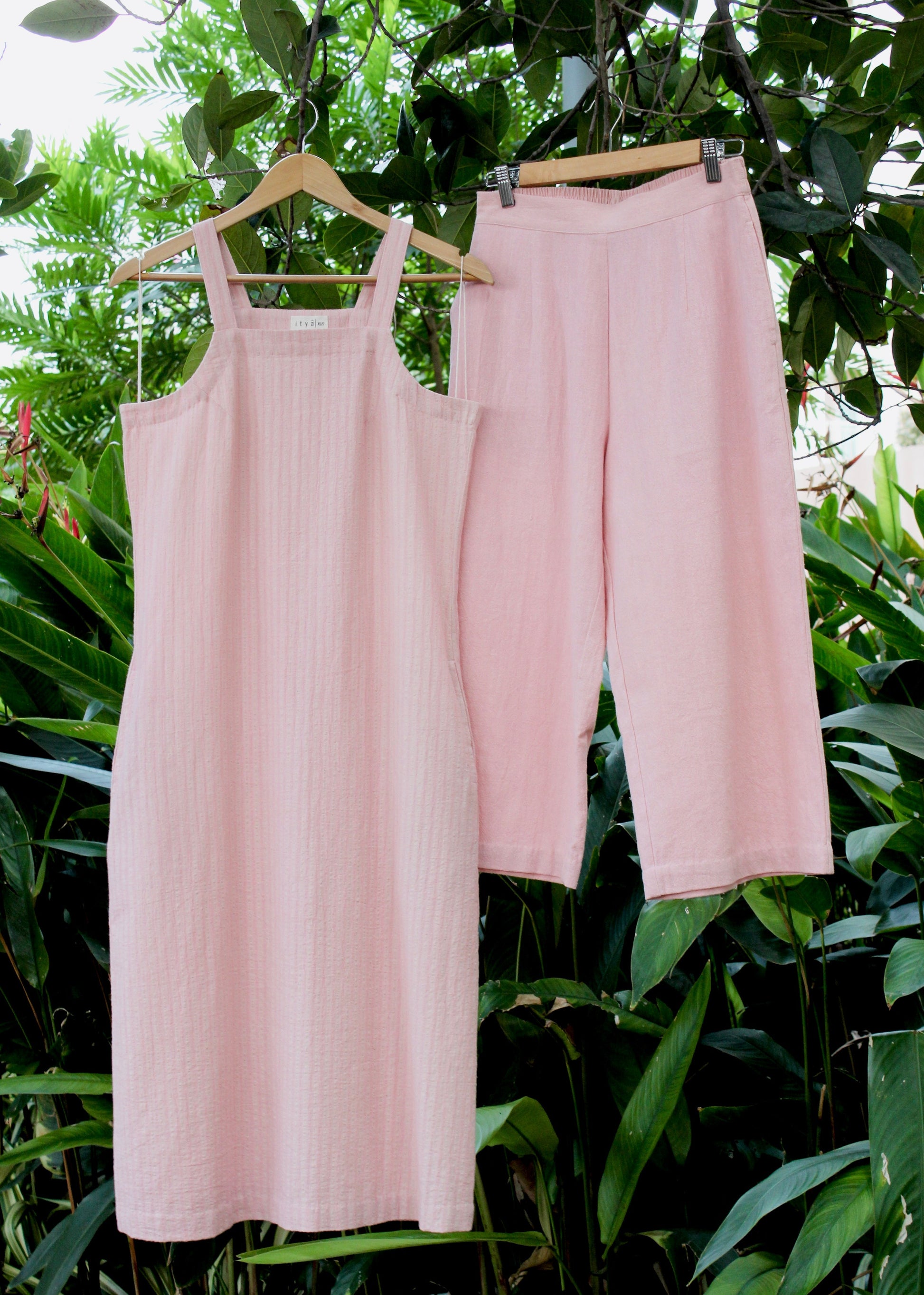 Tulip Top and Blush Pants by Itya with Casual Wear, Co-ord Sets, Hand Spun Cotton, Handwoven cotton, Natural, Office, Office Wear Co-ords, Pastel Perfect, Pastel Perfect by Itya, Pink, Plant Dye, Relaxed Fit, SS22, Textured, Womenswear at Kamakhyaa for sustainable fashion