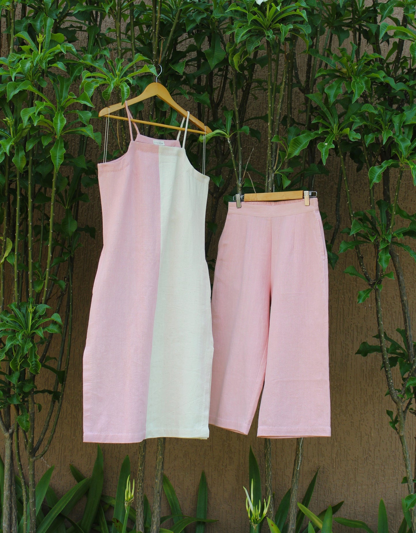 Tansi Dress and Blush Pants by Itya with Casual Wear, Co-ord Sets, Hand Spun Cotton, Handwoven cotton, Natural, Office, Office Wear Co-ords, Pastel Perfect, Pastel Perfect by Itya, Pink, Plant Dye, Regular Fit, Solids, SS22, Womenswear at Kamakhyaa for sustainable fashion