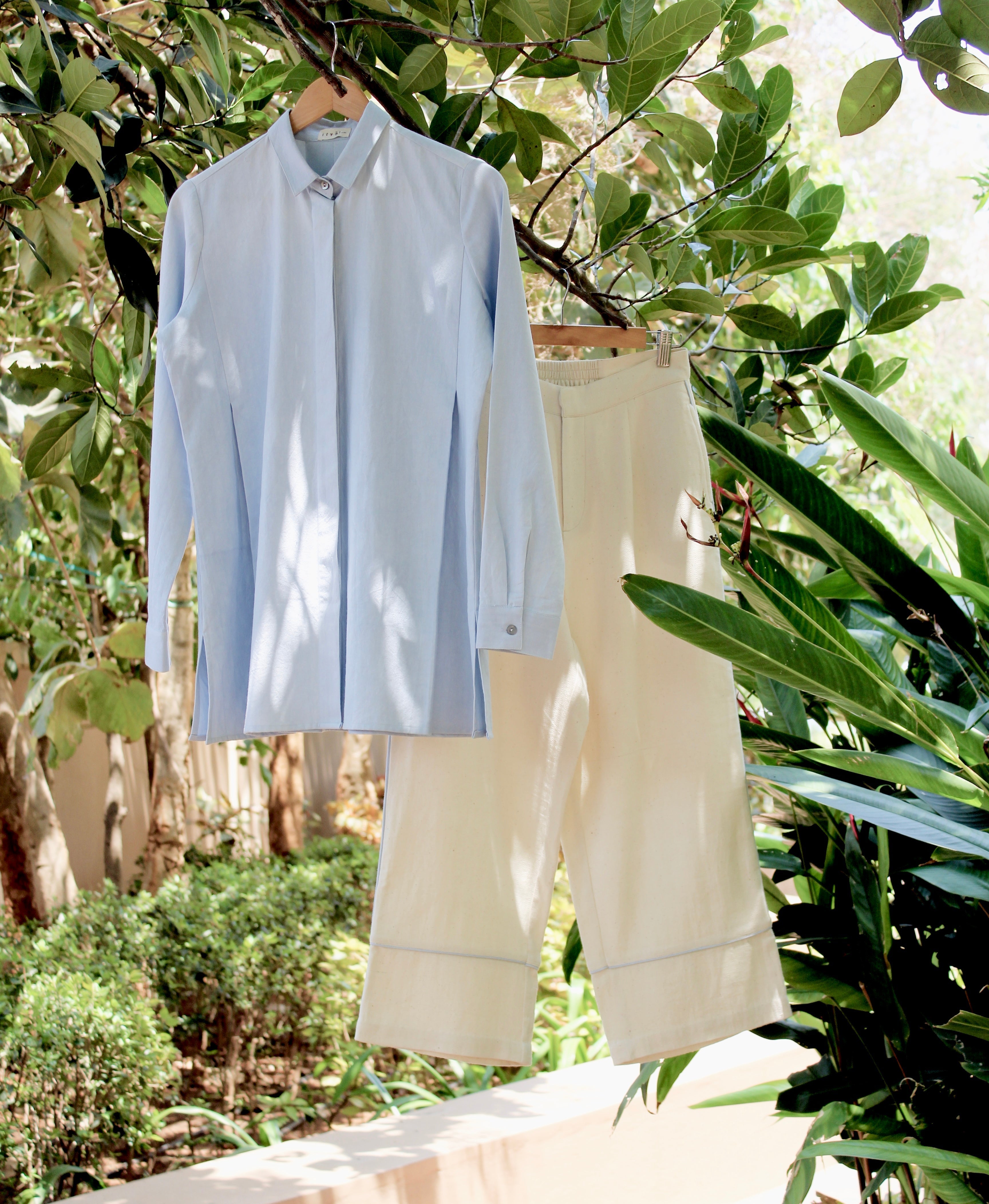 Blue Sora Beju Set by Itya with Blue, Co-ord Sets, Hand Spun Cotton, Handwoven cotton, Natural, Off-white, Office, Office Wear, Office Wear Co-ords, Pastel Perfect, Pastel Perfect by Itya, Plant Dye, Relaxed Fit, Solids, SS22, Womenswear at Kamakhyaa for sustainable fashion