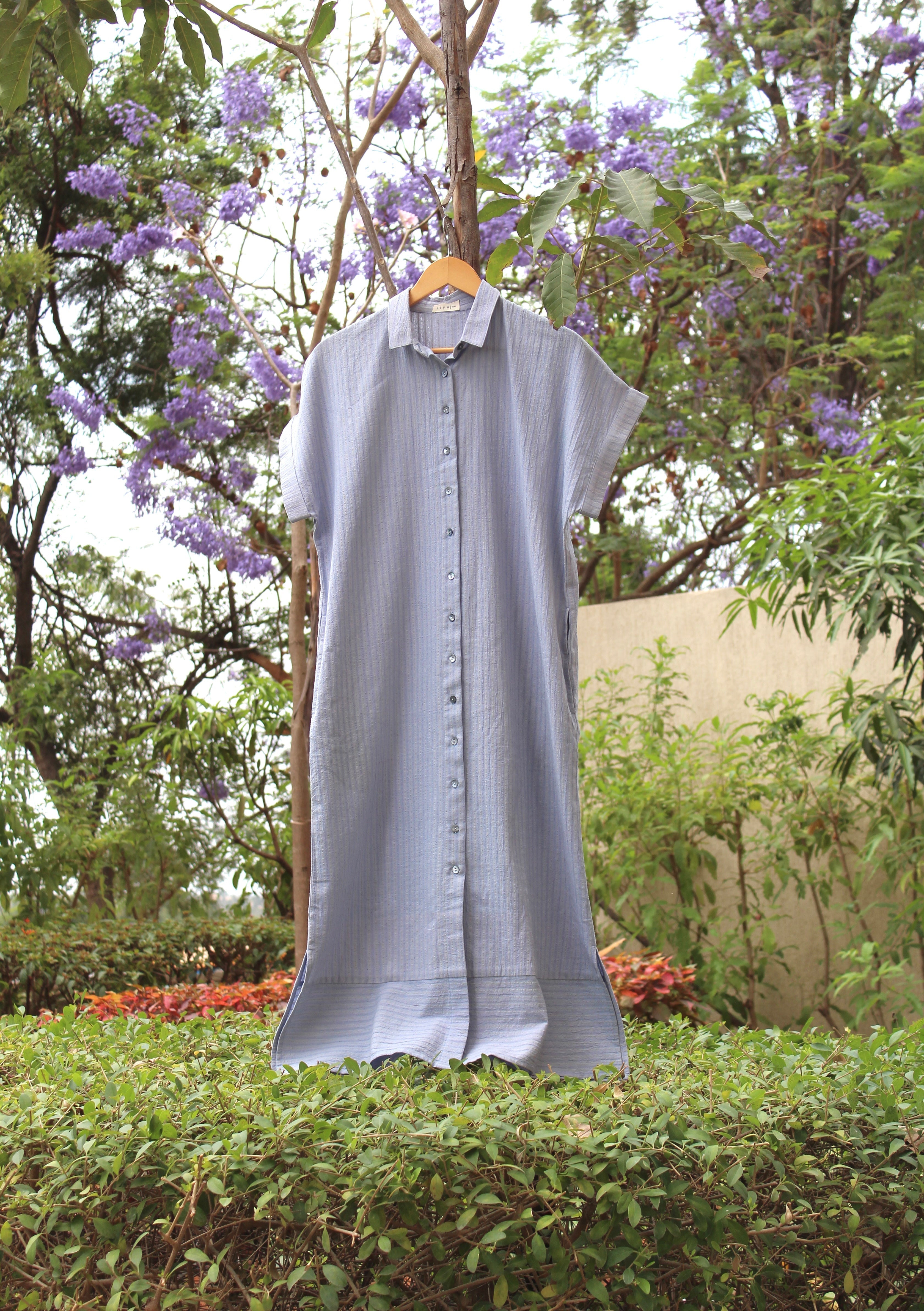 Kaftan Long Shirt by Itya with Blue, Casual Wear, Hand Spun Cotton, Handwoven cotton, Midi Dresses, Natural, Pastel Perfect, Pastel Perfect by Itya, Plant Dye, Purple, Relaxed Fit, Shirt Dresses, Shirts, SS22, Textured, Womenswear, Yellow at Kamakhyaa for sustainable fashion