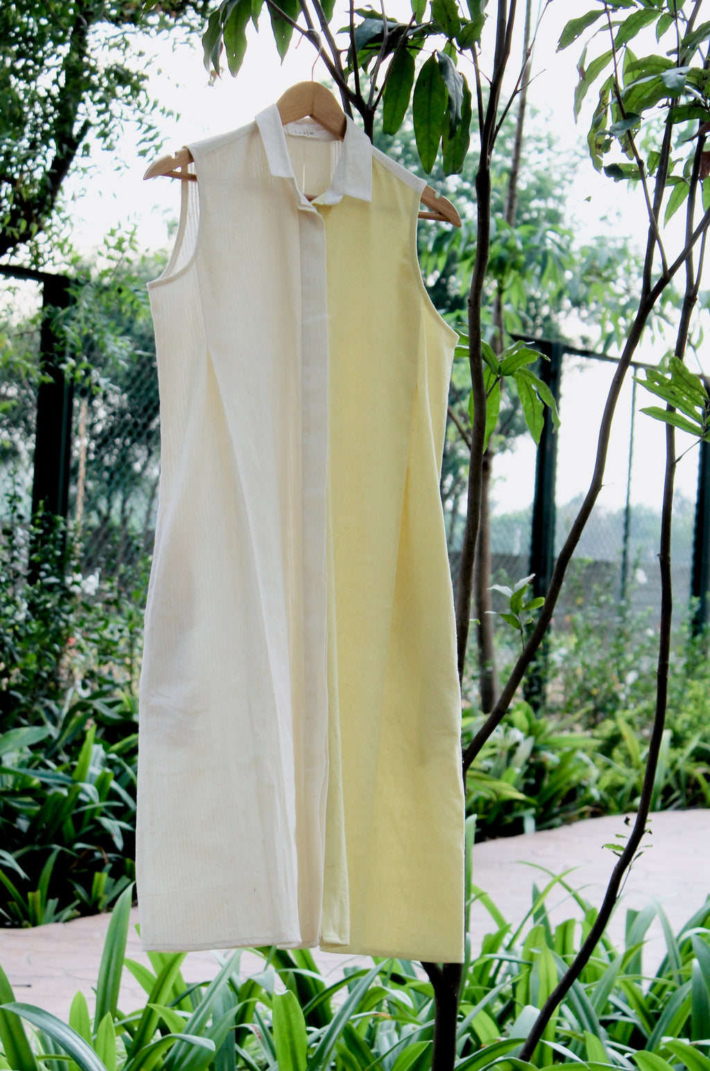Nikko Dress by Itya with Casual Wear, Hand Spun Cotton, Handwoven cotton, Midi Dresses, Natural, Off-white, Pastel Perfect, Pastel Perfect by Itya, Plant Dye, Relaxed Fit, Sleeveless Dresses, Solids, SS22, Womenswear, Yellow at Kamakhyaa for sustainable fashion