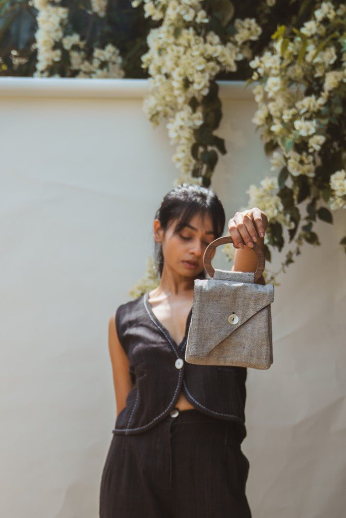 Assymetric Flap Bag by Lafaani with 100% pure cotton, Bags, Black, Casual Wear, Grey, Handbags, Natural with azo free dyes, Organic, Regular Fit, Solids, Sonder, Sonder by Lafaani at Kamakhyaa for sustainable fashion